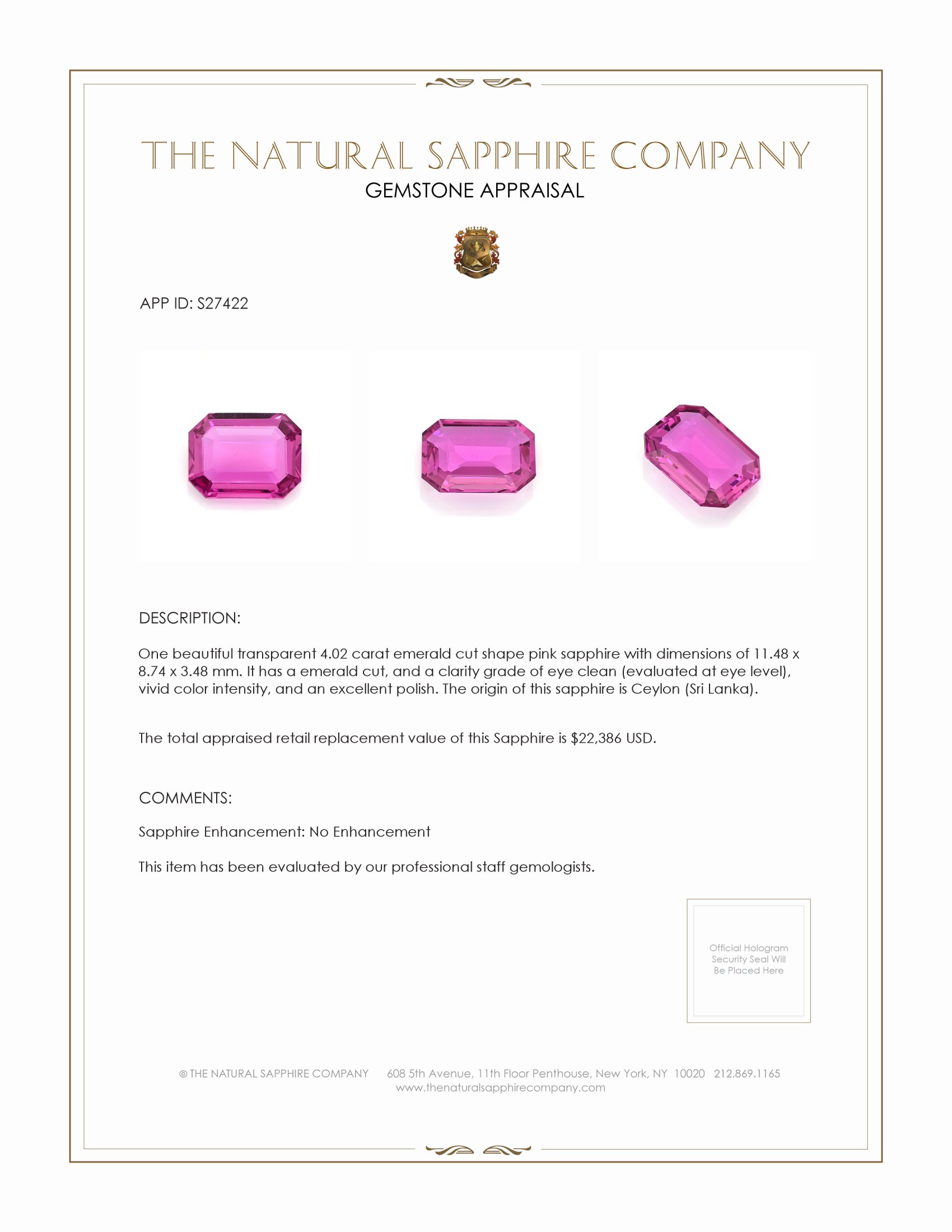 4.02 Ct. Pink Sapphire from Ceylon (Sri Lanka)