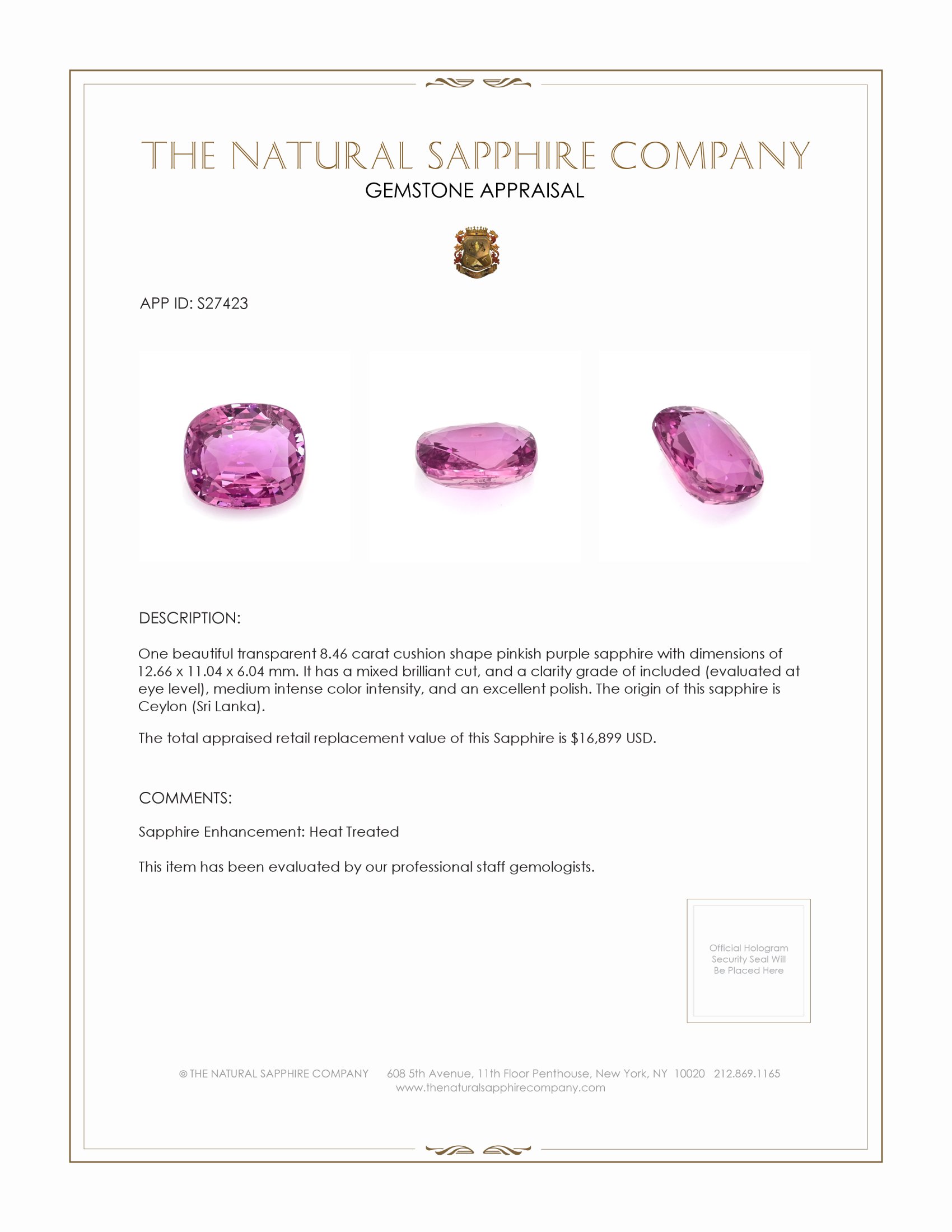 8.46 Ct. Pinkish Purple Sapphire from Ceylon (Sri Lanka)