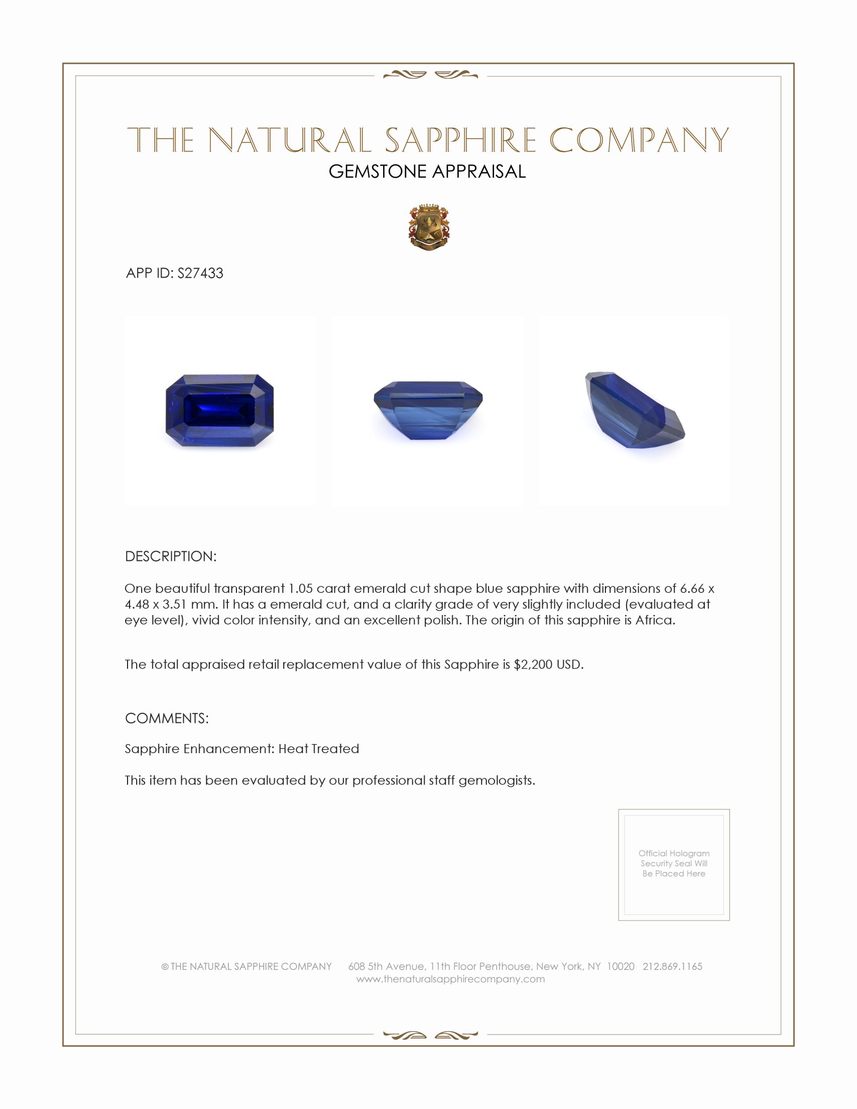 1.05 Ct. Blue Sapphire from Africa