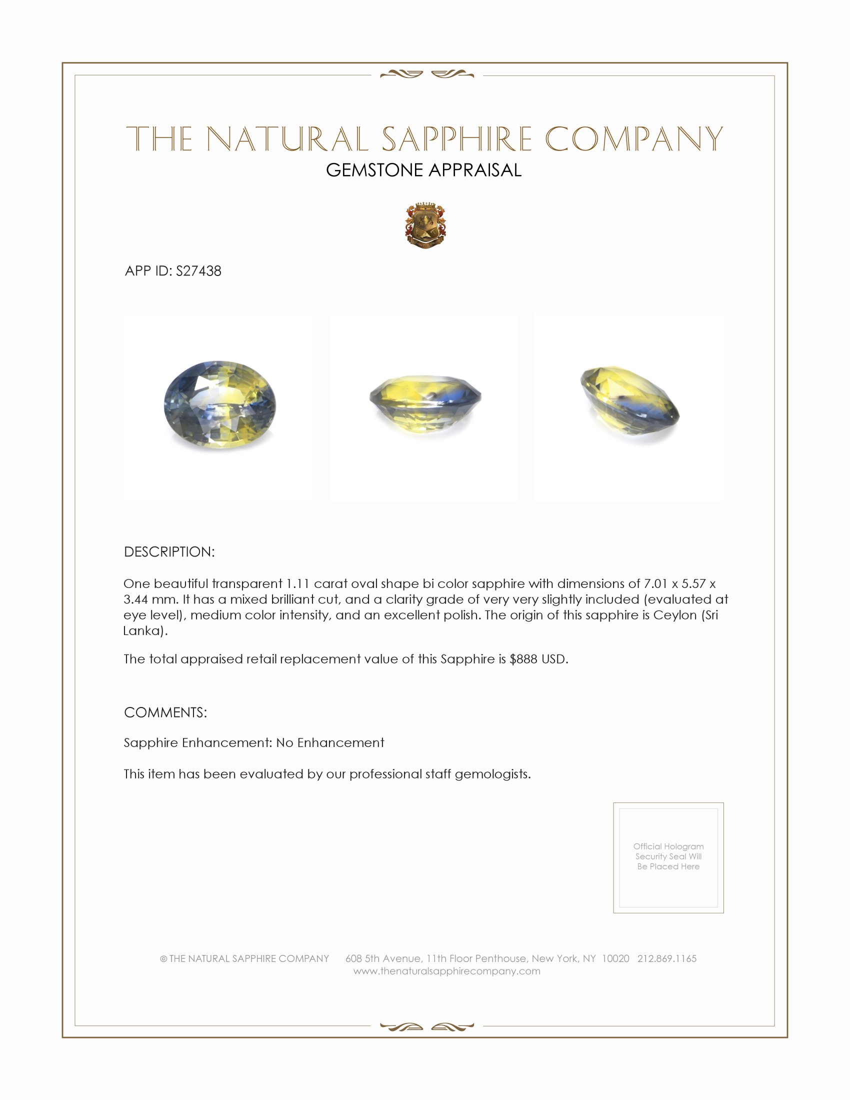 1.11 Ct. Bi Color Sapphire from Ceylon (Sri Lanka)
