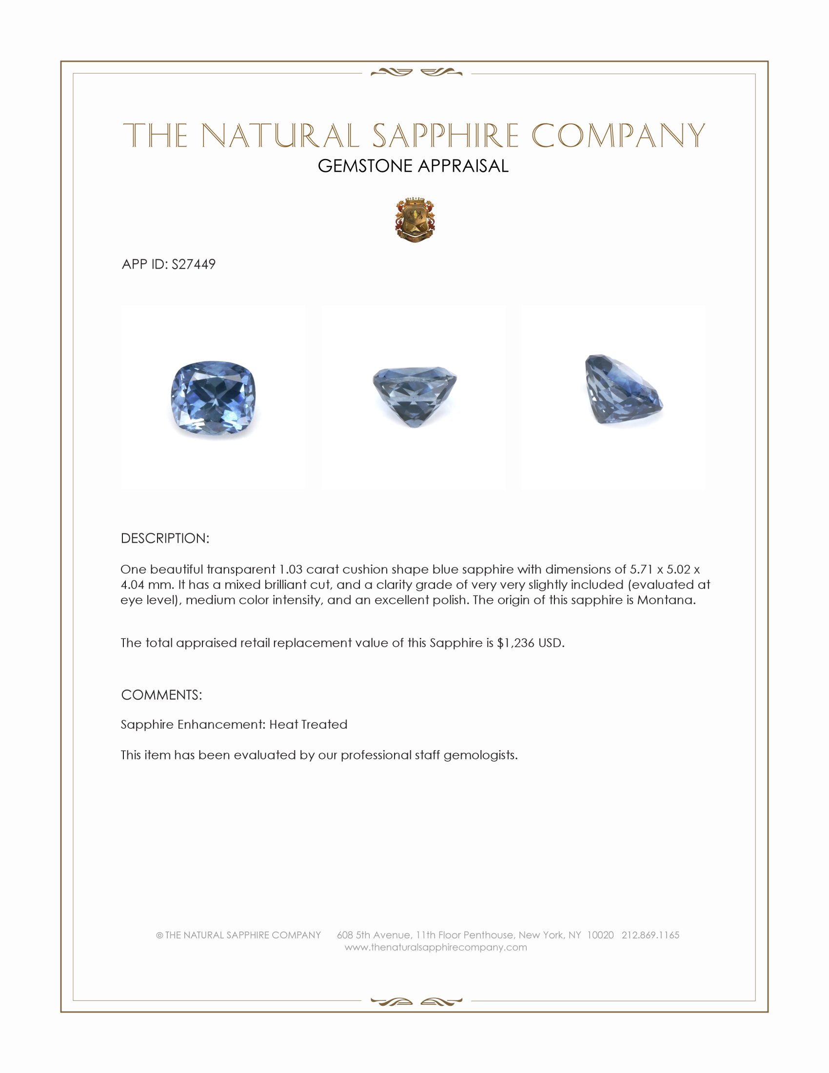 1.03 Ct. Blue Sapphire from Montana