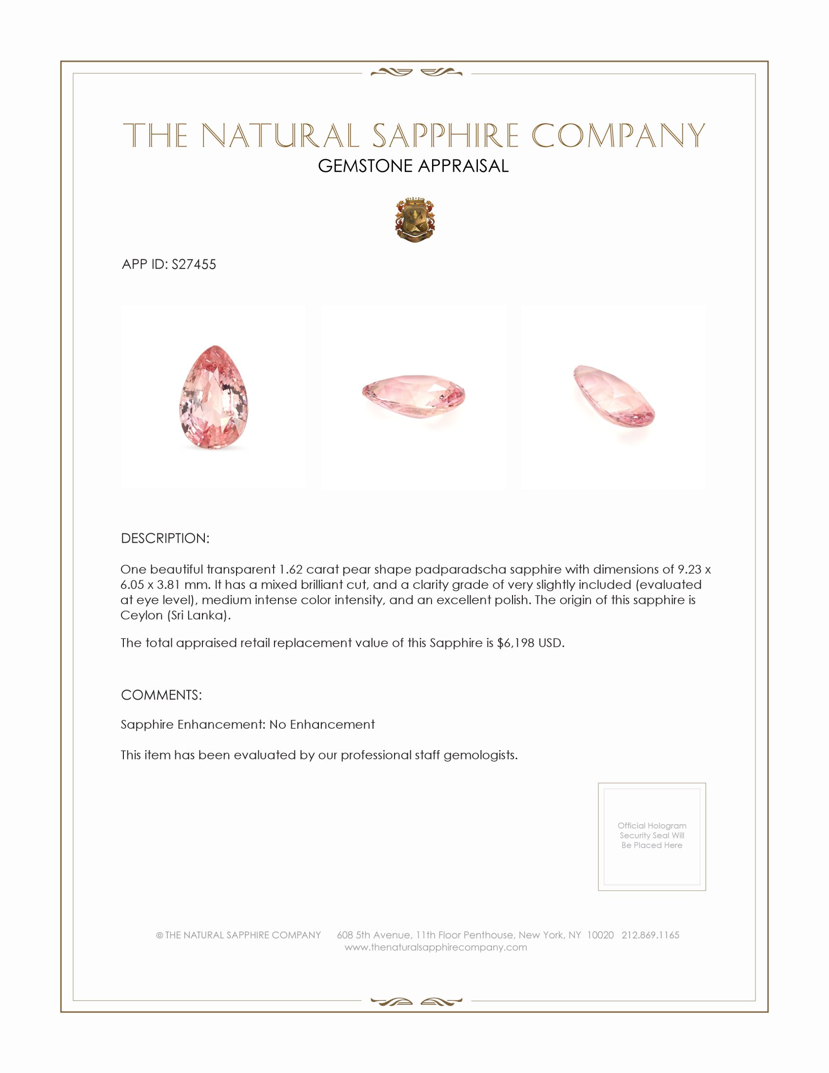 1.62 Ct. Padparadscha Sapphire from Ceylon (Sri Lanka)