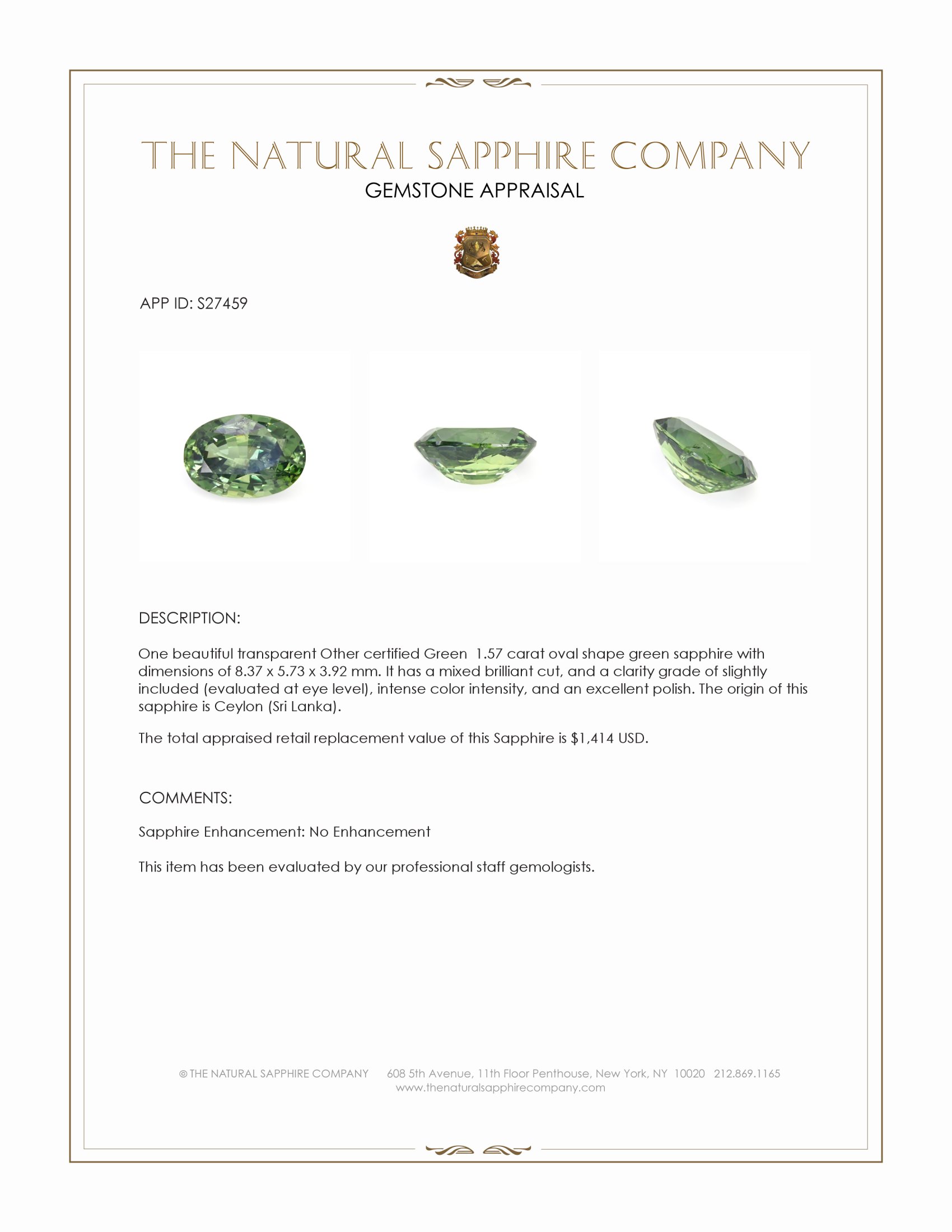 1.57 Ct. Green Sapphire from Ceylon (Sri Lanka)
