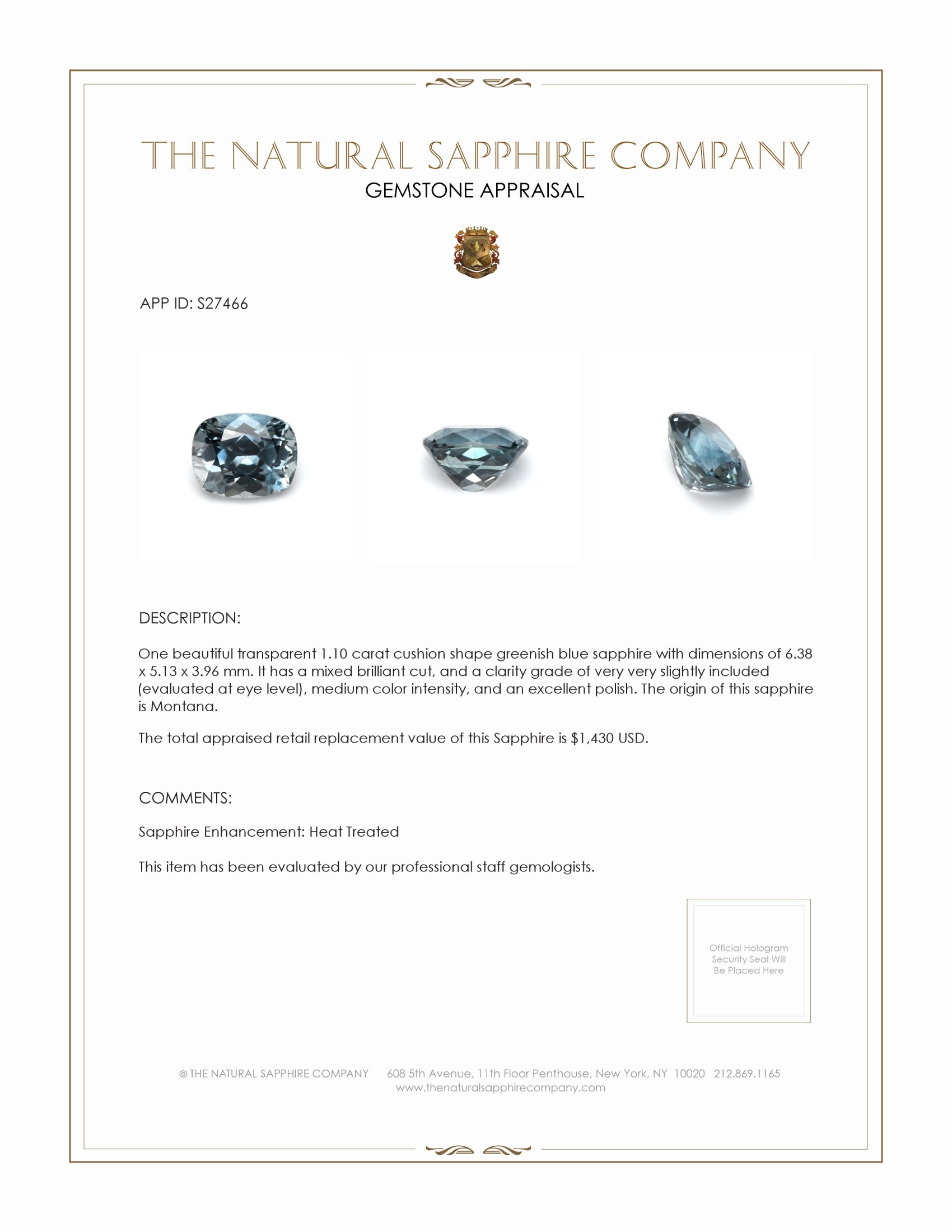 1.10 Ct. Greenish Blue Sapphire from Montana