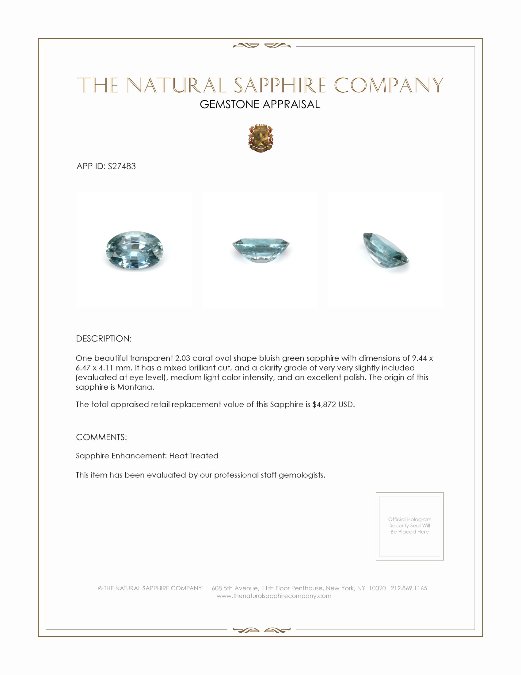 2.03 Ct. Greenish Blue Sapphire from Montana