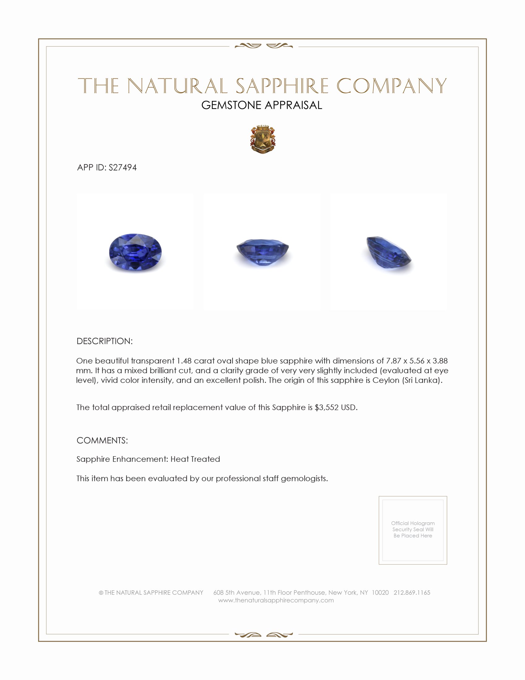 1.48 Ct. Blue Sapphire from Ceylon (Sri Lanka)