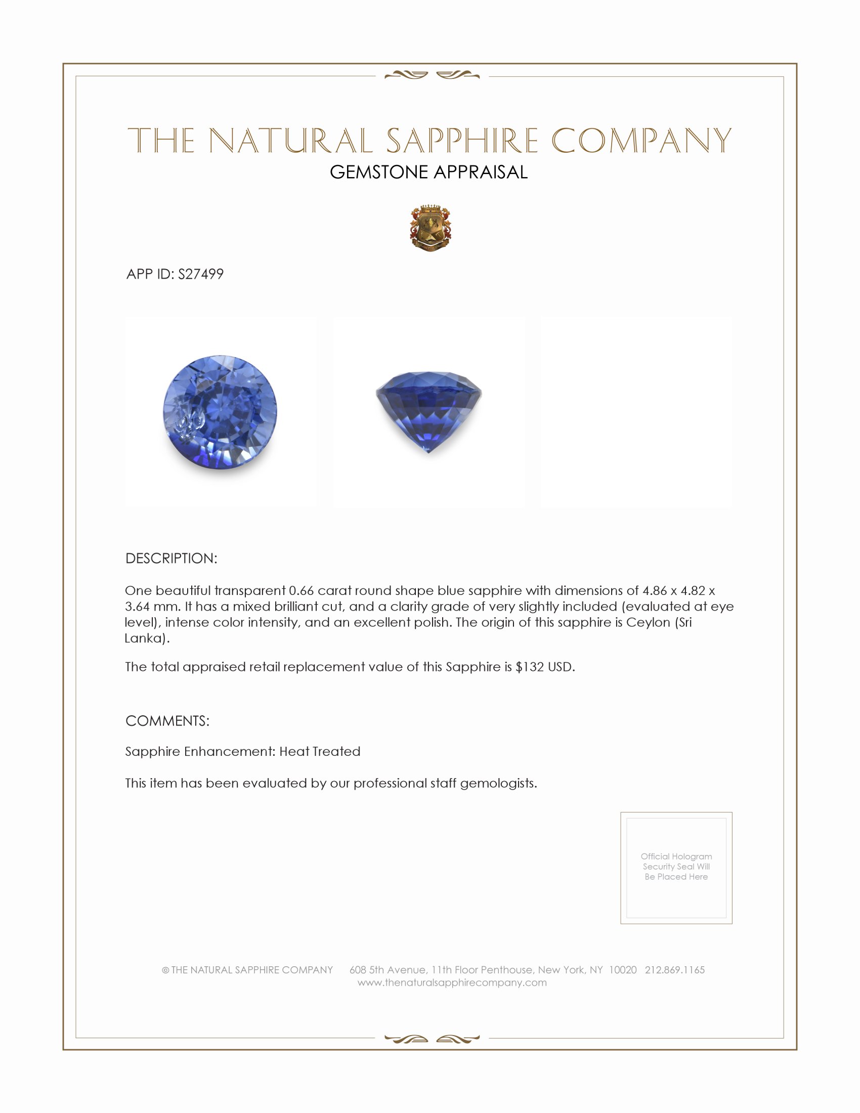 0.66 Ct. Blue Sapphire from Ceylon (Sri Lanka)