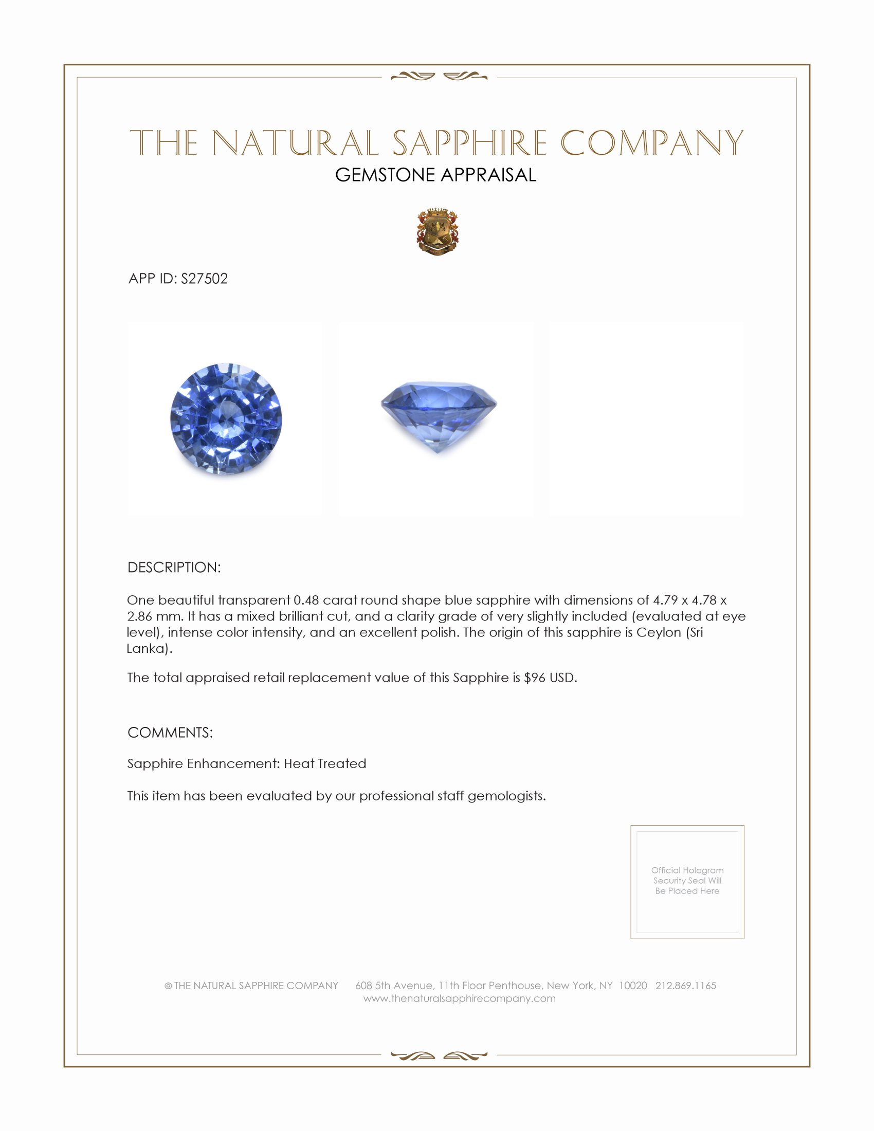0.48 Ct. Blue Sapphire from Ceylon (Sri Lanka)