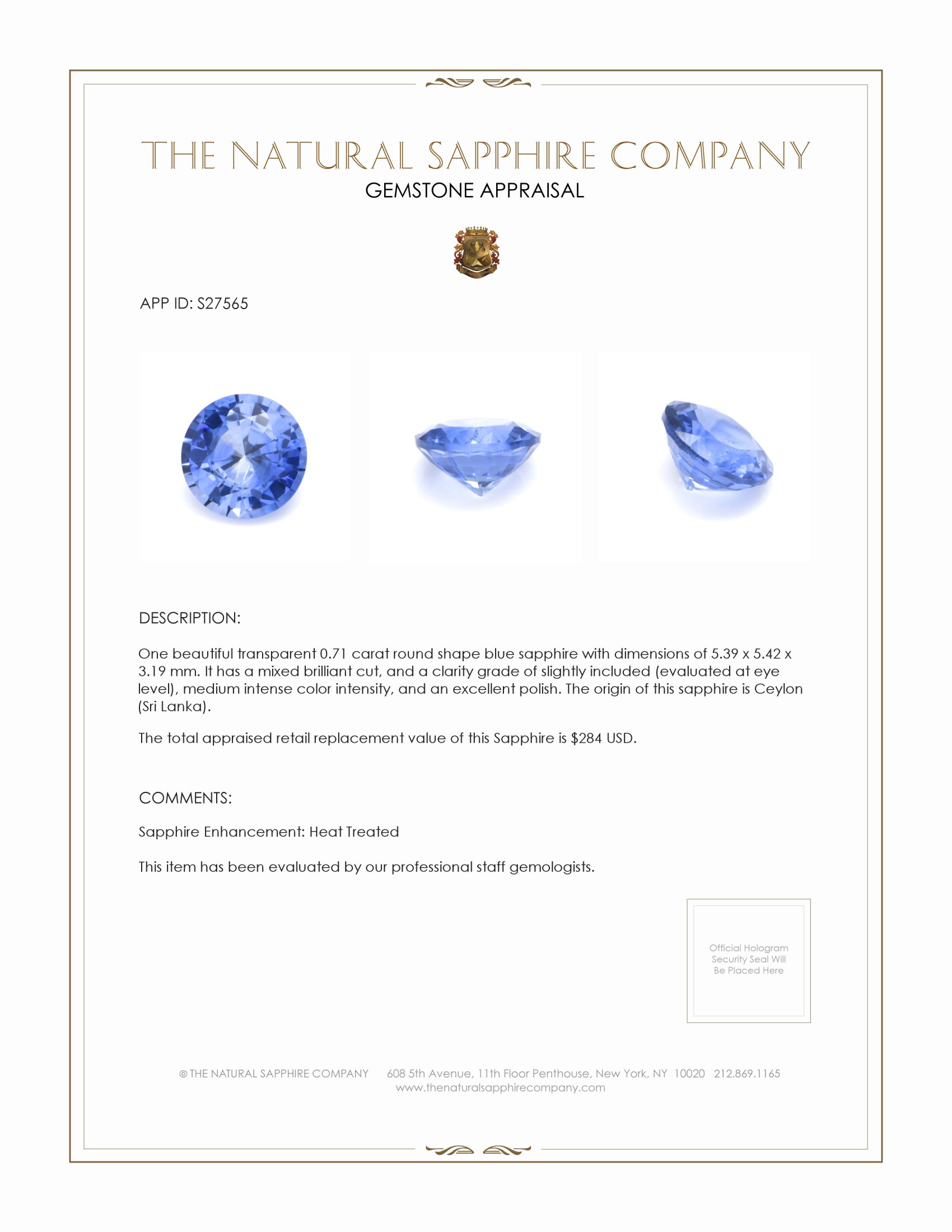 0.71 Ct. Blue Sapphire from Ceylon (Sri Lanka)