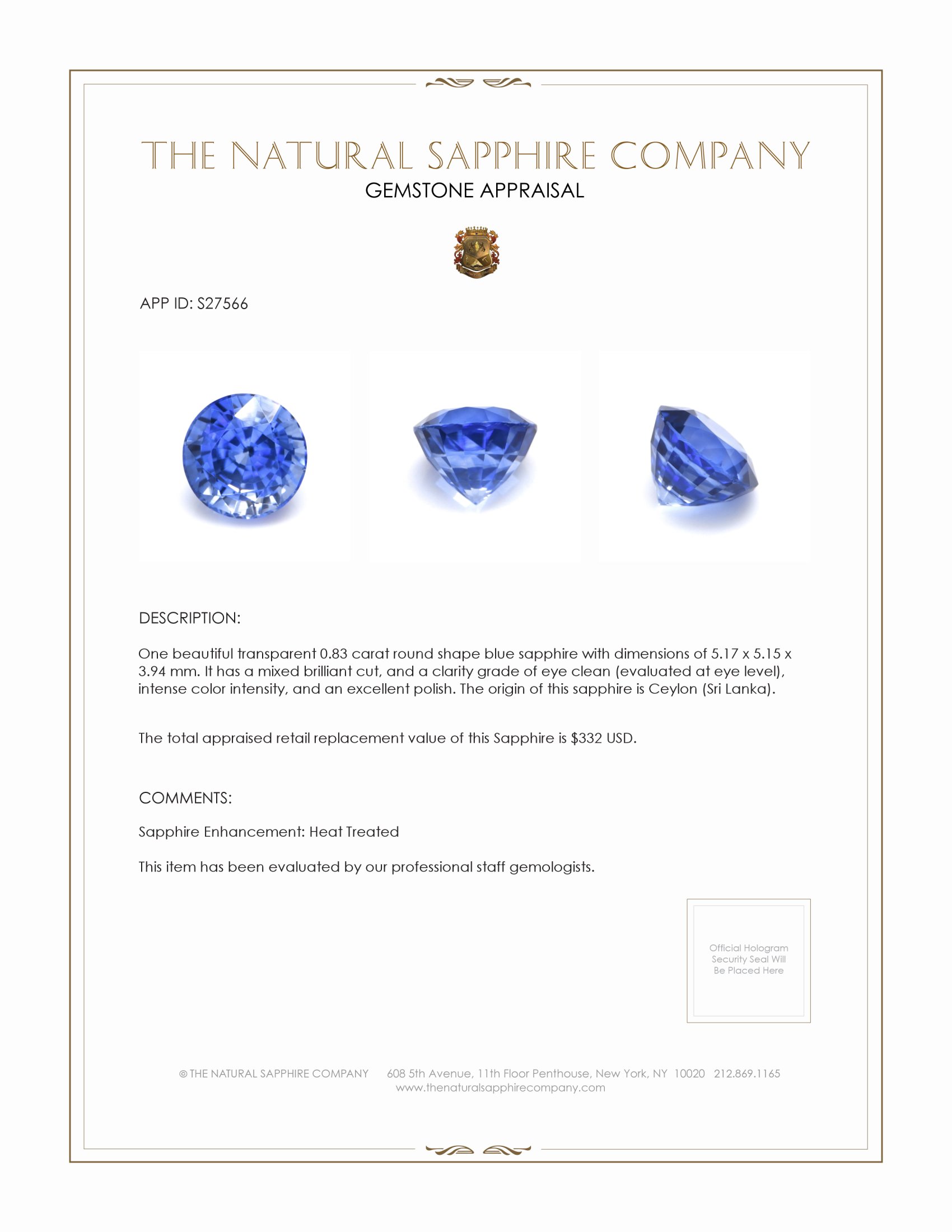 0.83 Ct. Blue Sapphire from Ceylon (Sri Lanka)