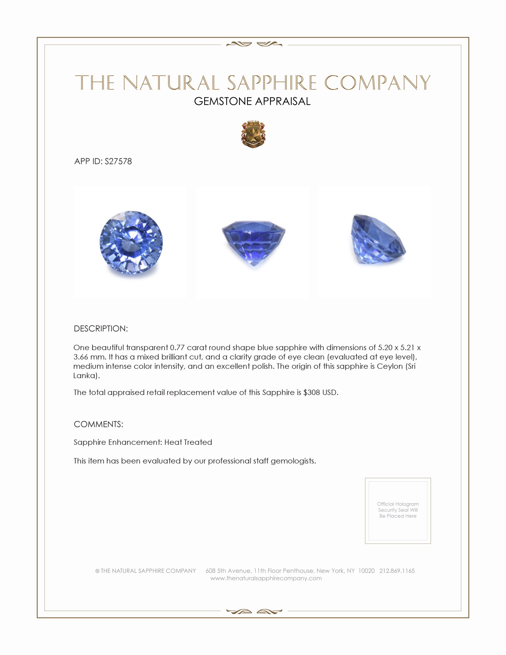 0.77 Ct. Blue Sapphire from Ceylon (Sri Lanka)