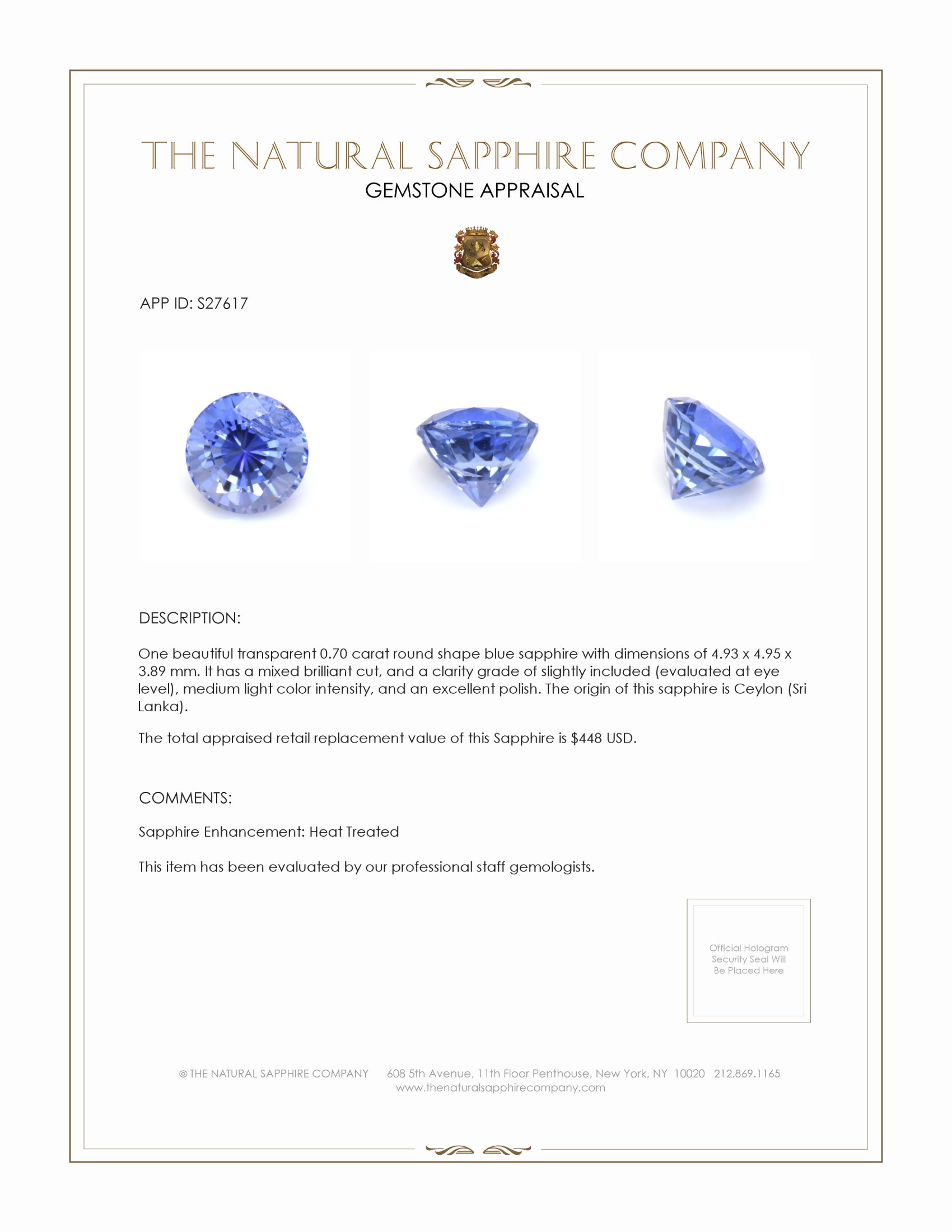 0.70 Ct. Blue Sapphire from Ceylon (Sri Lanka)