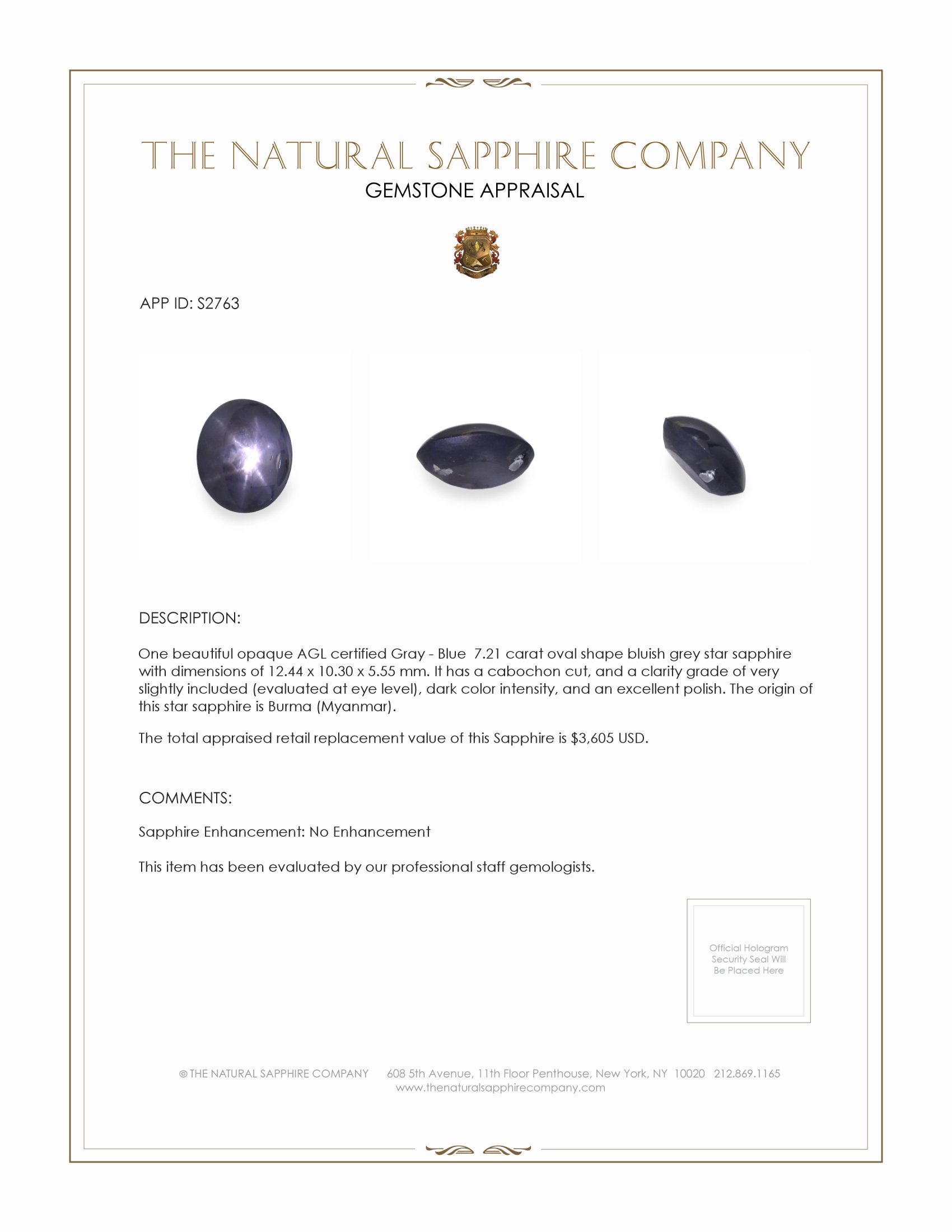 7.21 Ct. Bluish Grey Star Sapphire from Burma (Myanmar)