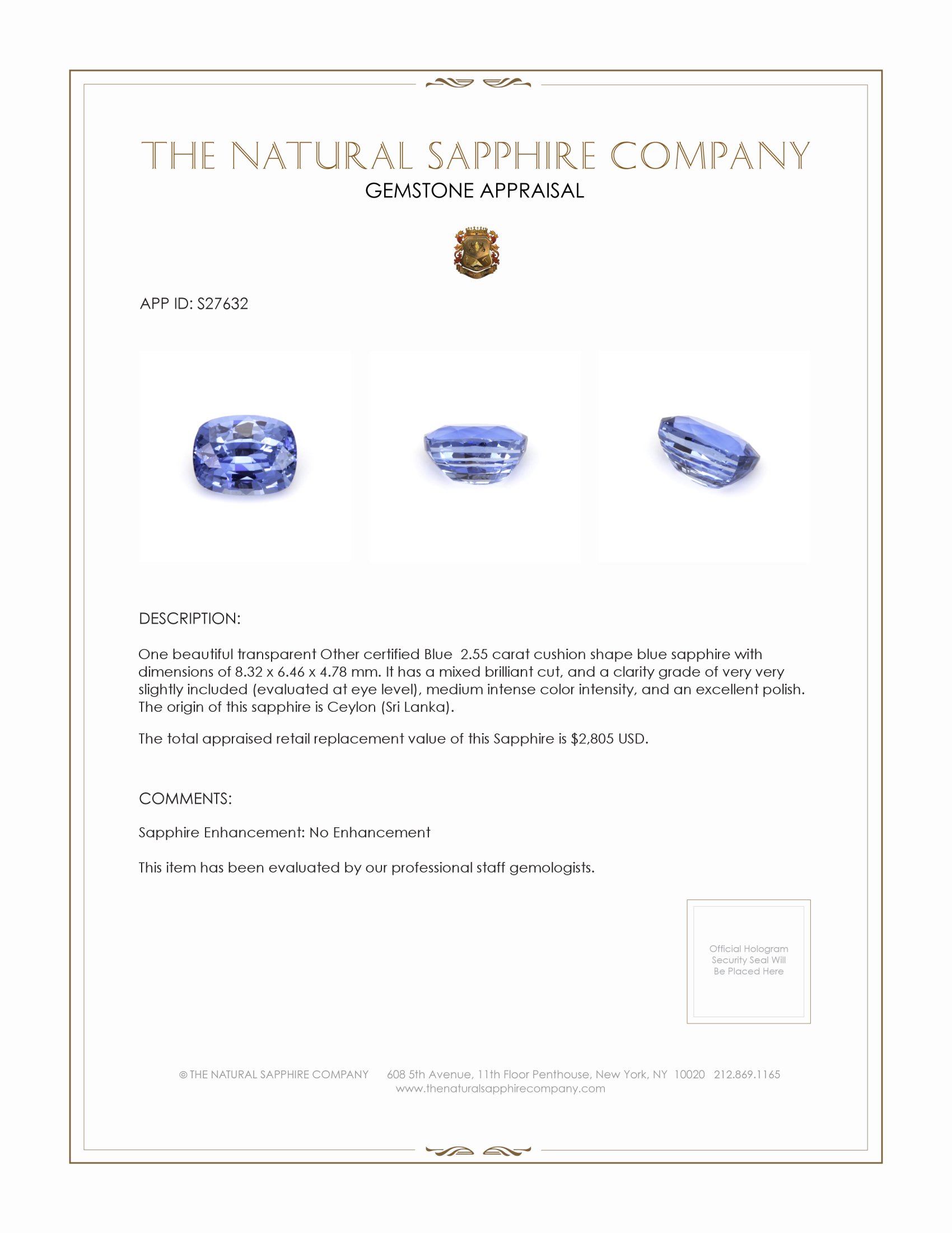 2.55 Ct. Blue Sapphire from Ceylon (Sri Lanka)