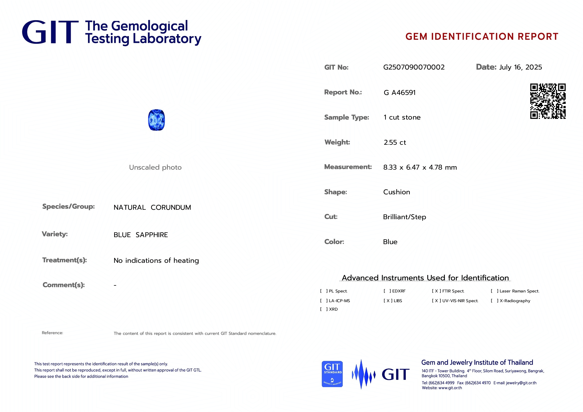 2.55 Ct. Blue Sapphire from Ceylon (Sri Lanka)