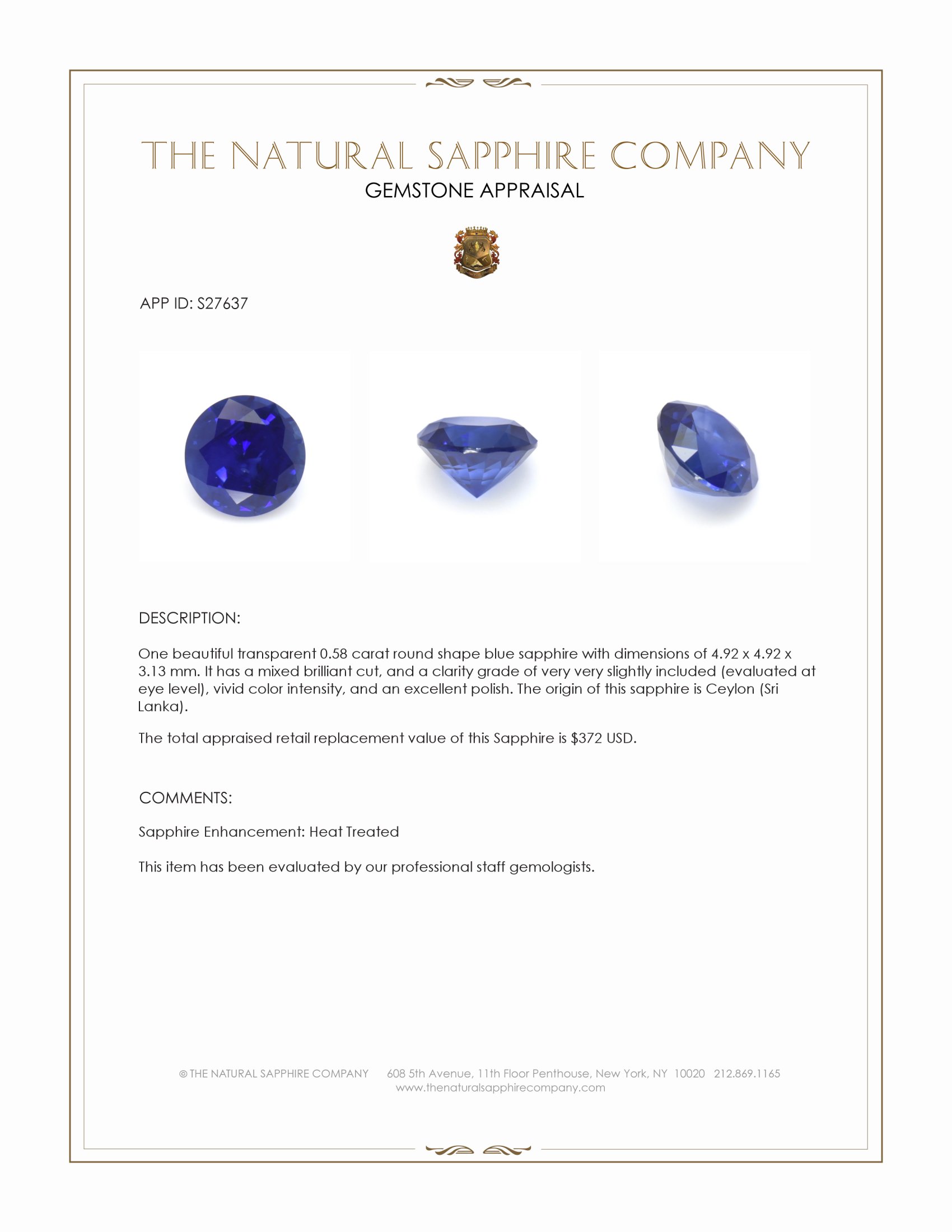 0.58 Ct. Blue Sapphire from Ceylon (Sri Lanka)