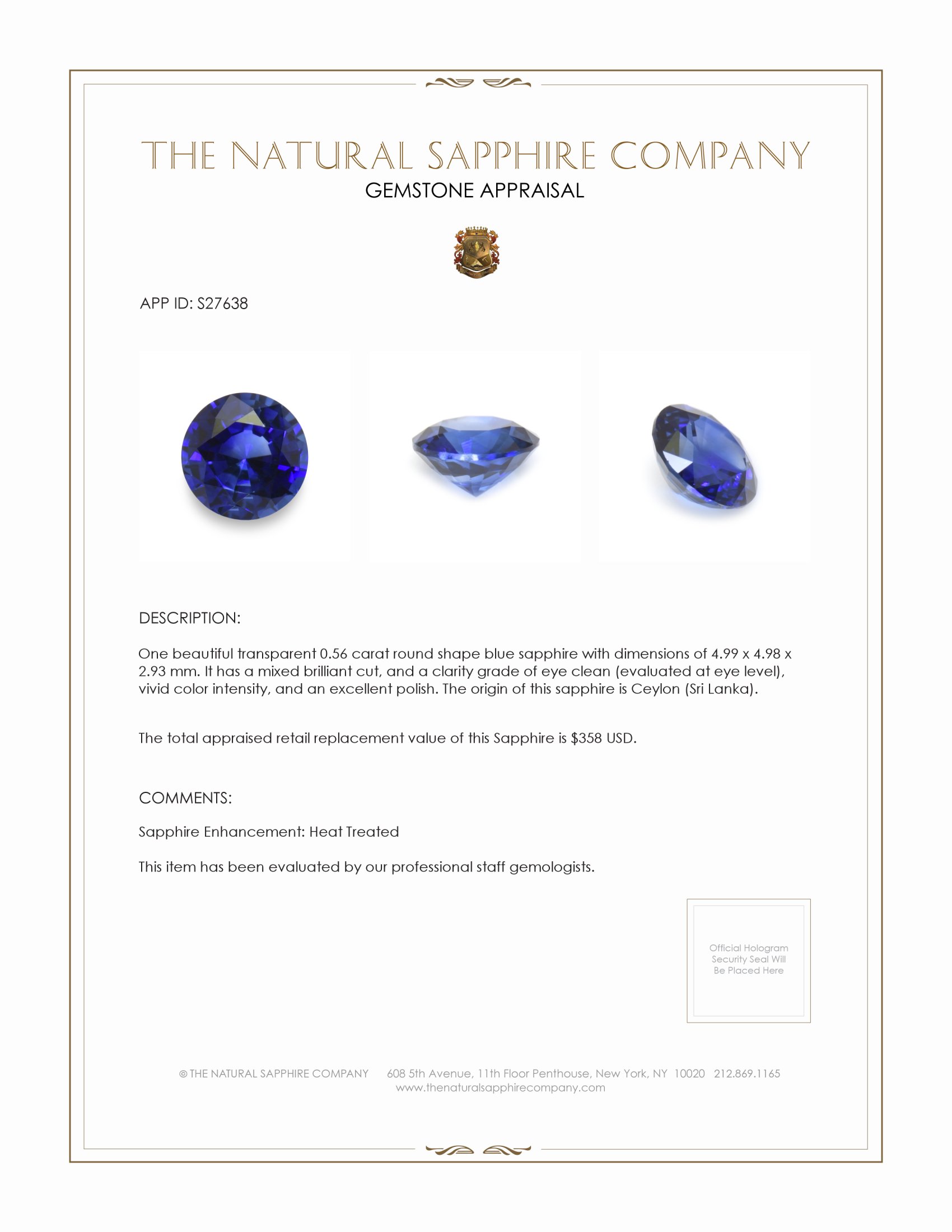 0.56 Ct. Blue Sapphire from Ceylon (Sri Lanka)