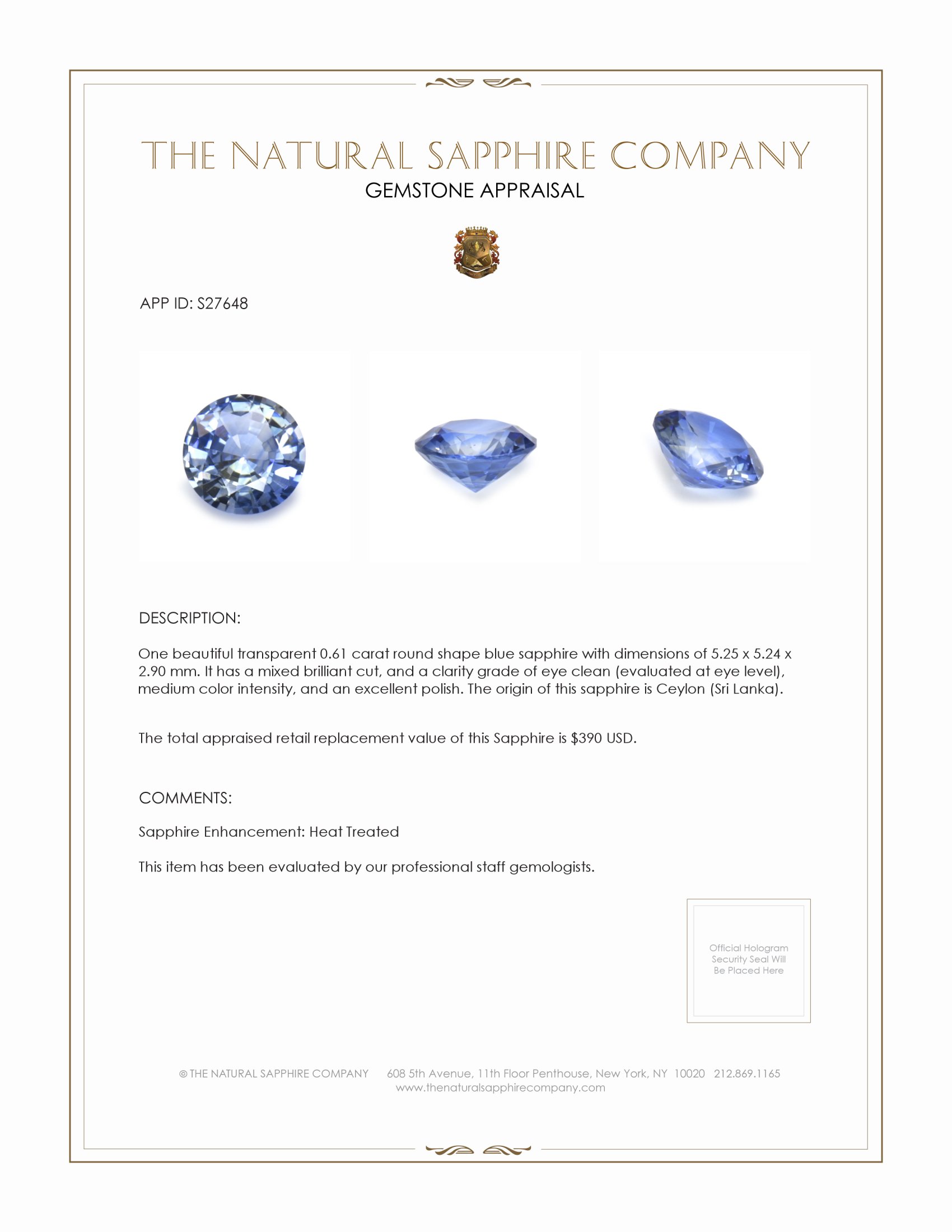 0.61 Ct. Blue Sapphire from Ceylon (Sri Lanka)
