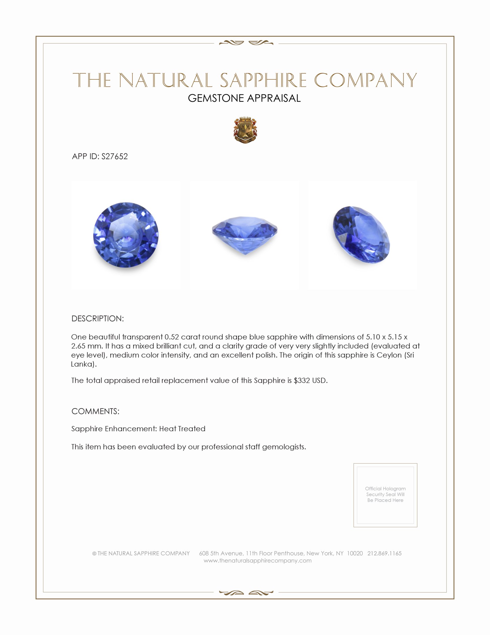 0.52 Ct. Blue Sapphire from Ceylon (Sri Lanka)