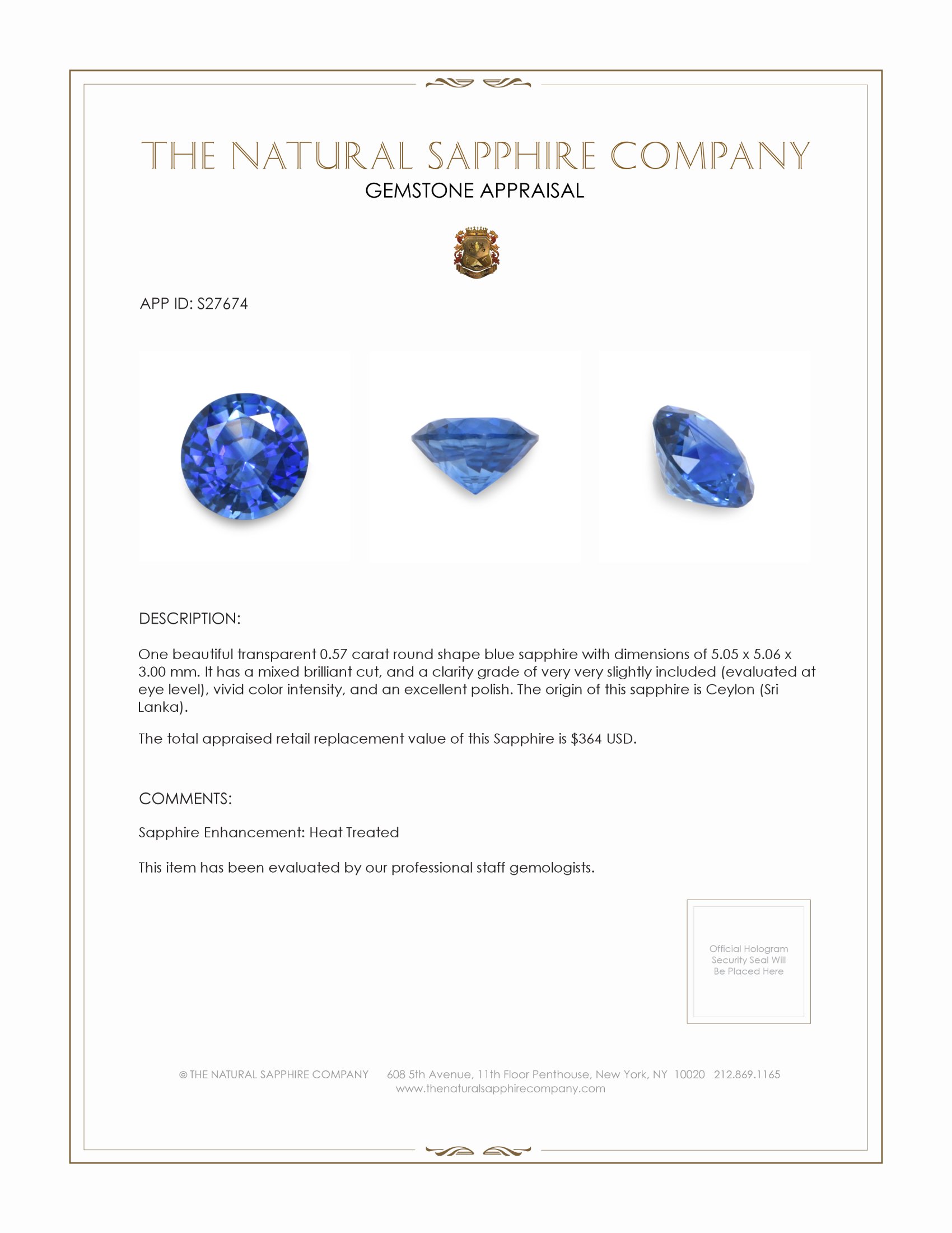0.57 Ct. Blue Sapphire from Ceylon (Sri Lanka)