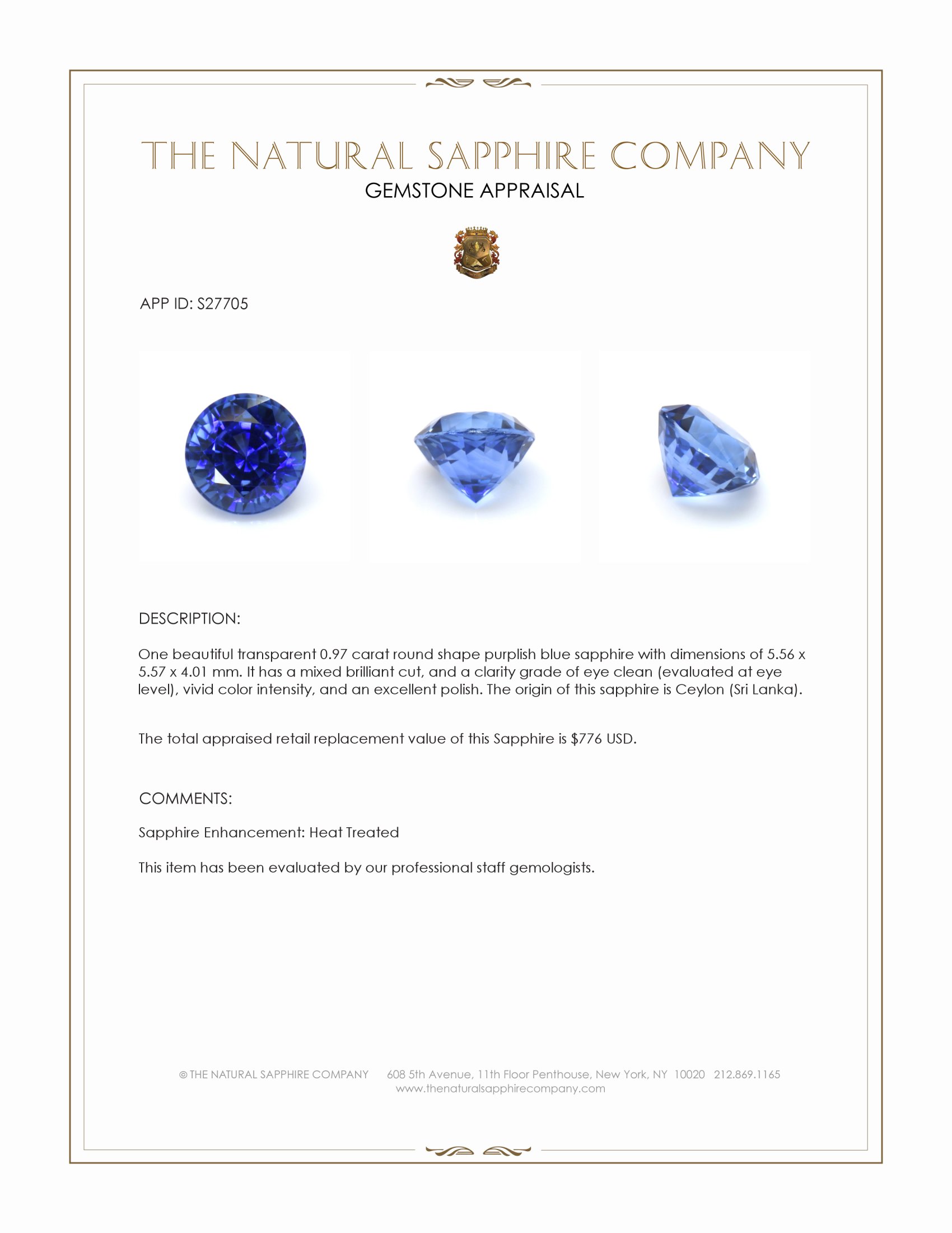 0.97 Ct. Purplish Blue Sapphire from Ceylon (Sri Lanka)