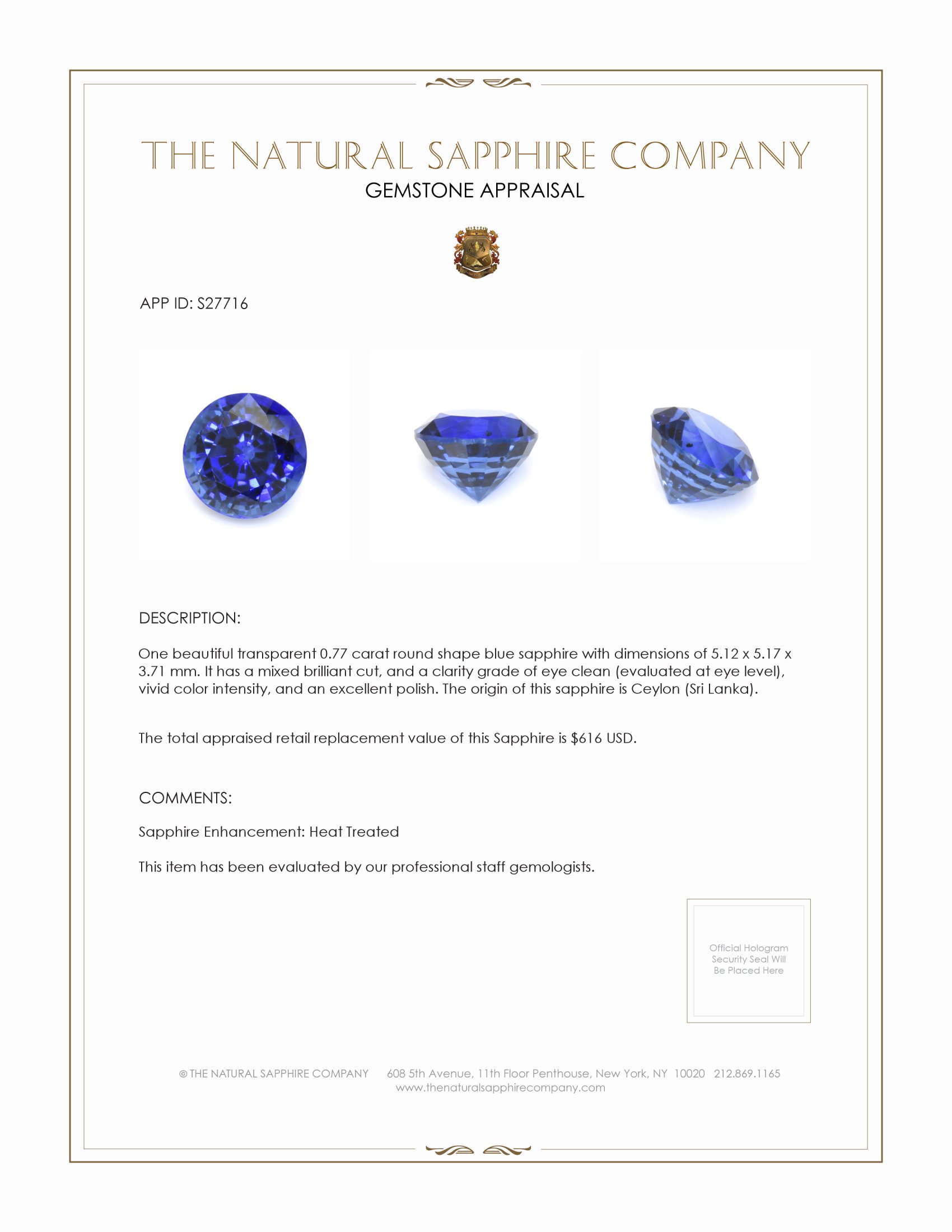 0.77 Ct. Blue Sapphire from Ceylon (Sri Lanka)