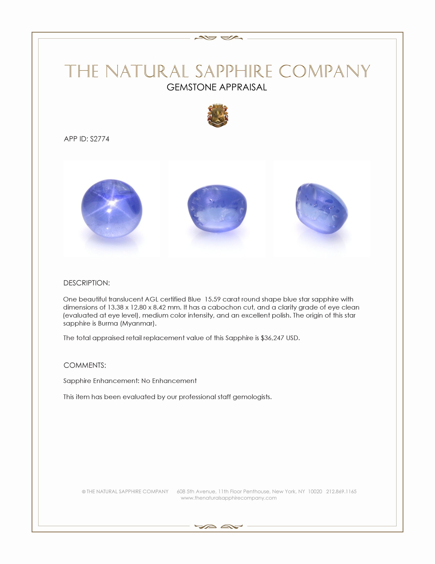 15.59 Ct. Blue Star Sapphire from Burma (Myanmar)