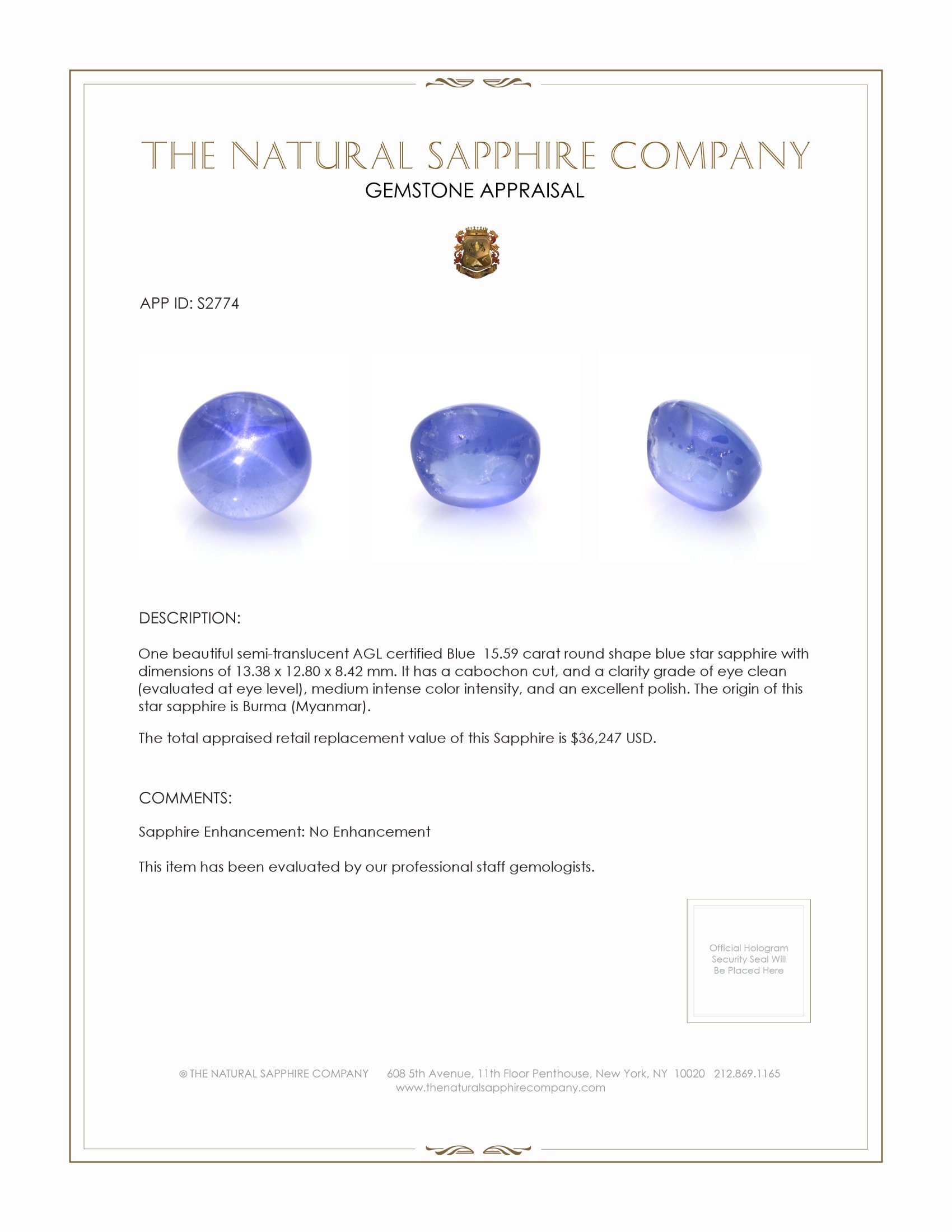 15.59 Ct. Blue Star Sapphire from Burma (Myanmar)