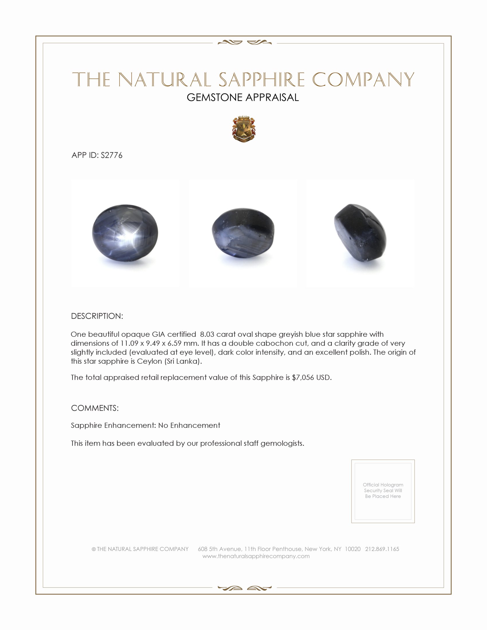 8.03 Ct. Greyish Blue Star Sapphire from Ceylon (Sri Lanka)