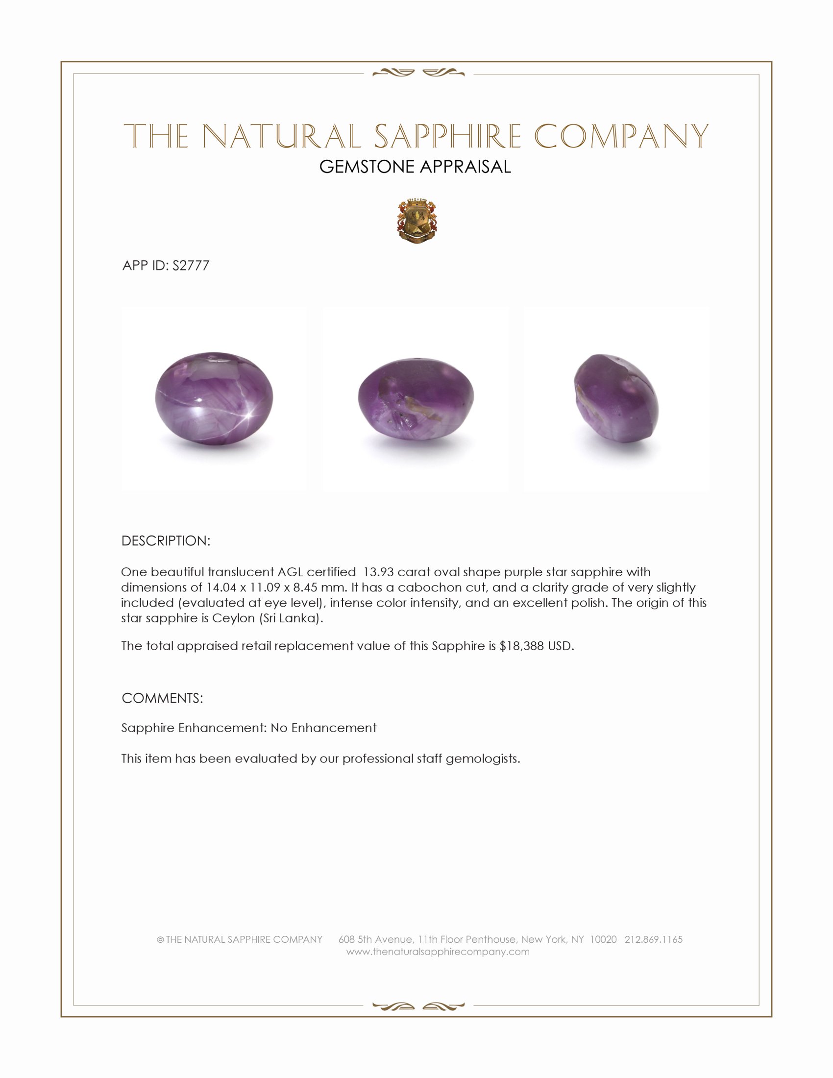 13.93 Ct. Purple Star Sapphire from Ceylon (Sri Lanka)