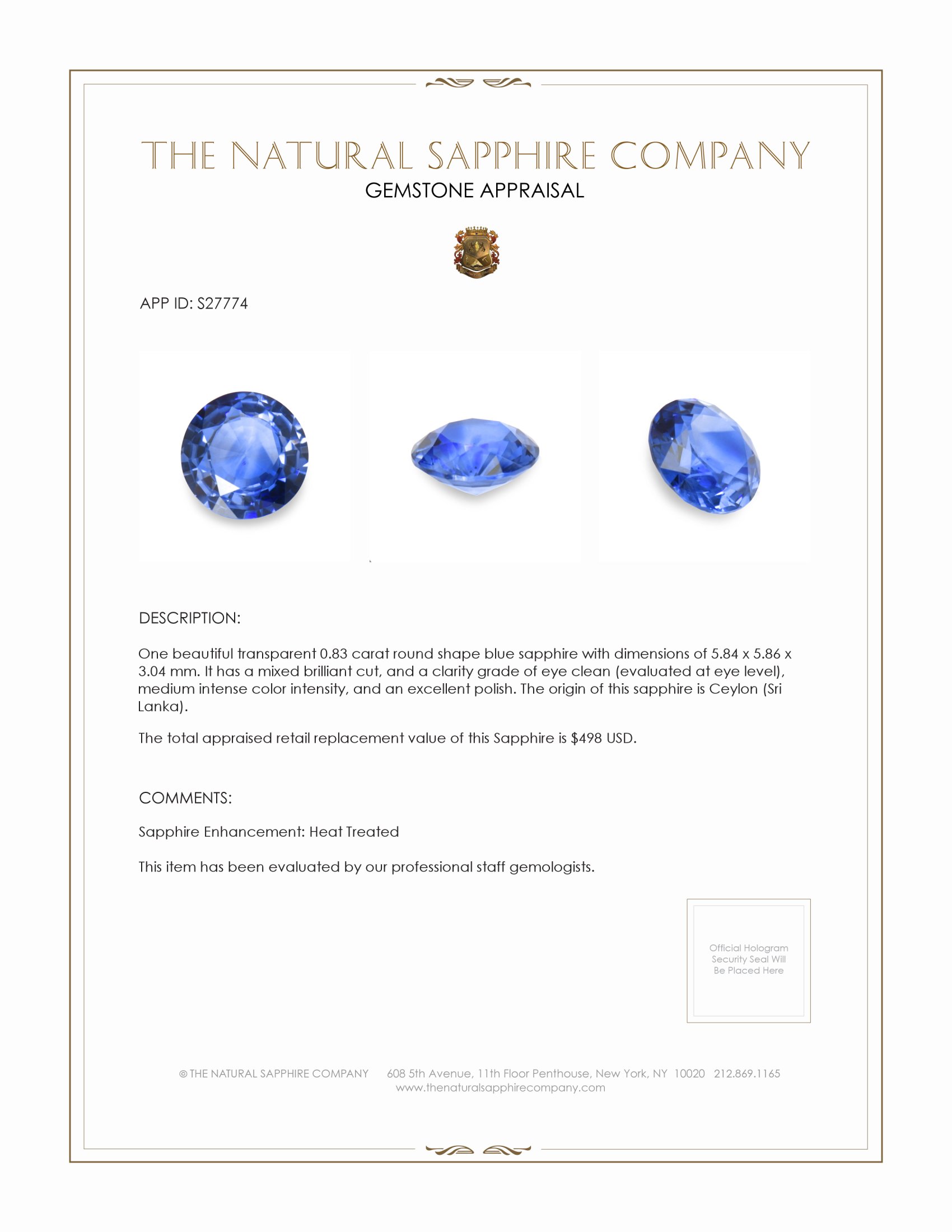0.83 Ct. Blue Sapphire from Ceylon (Sri Lanka)