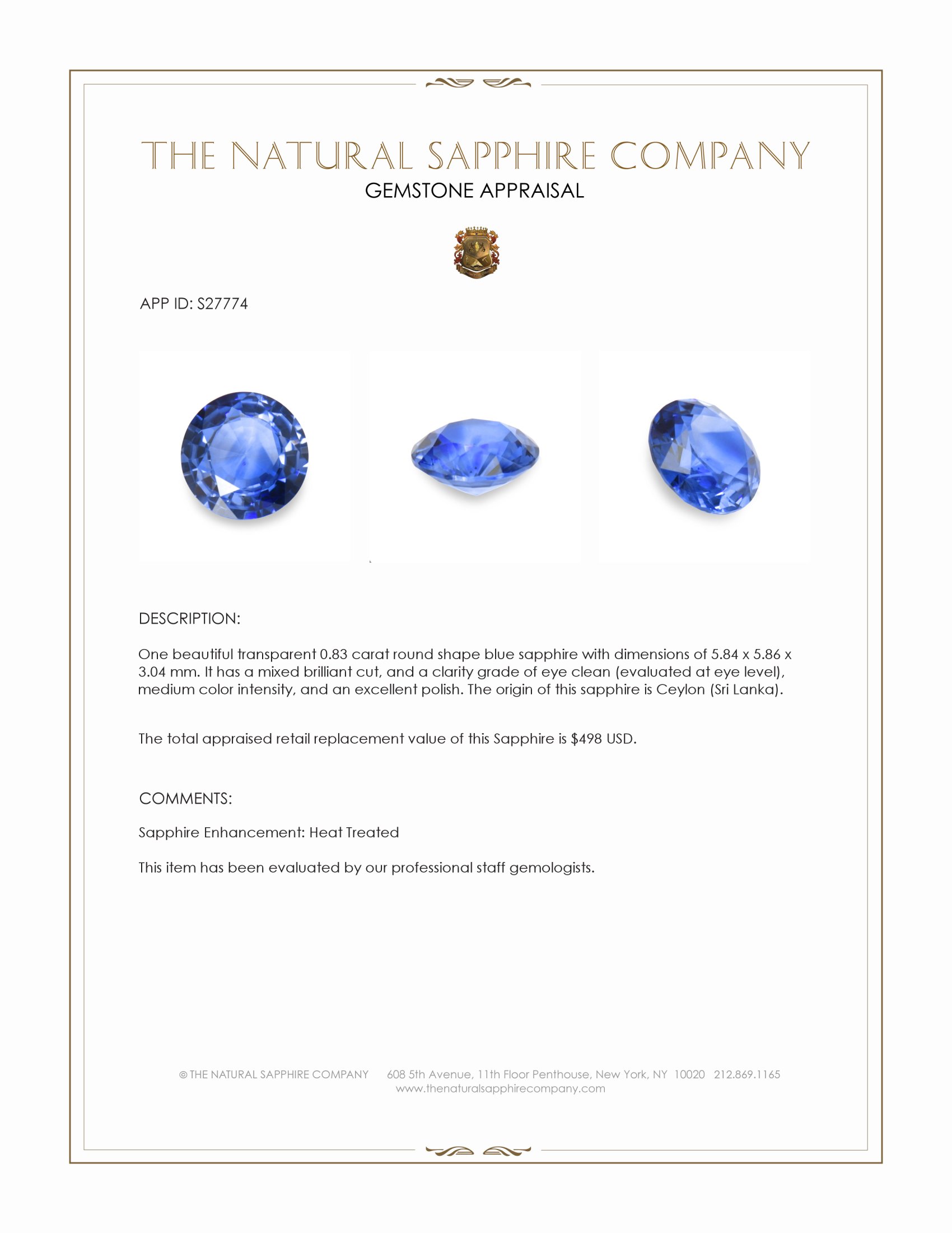 0.83 Ct. Blue Sapphire from Ceylon (Sri Lanka)