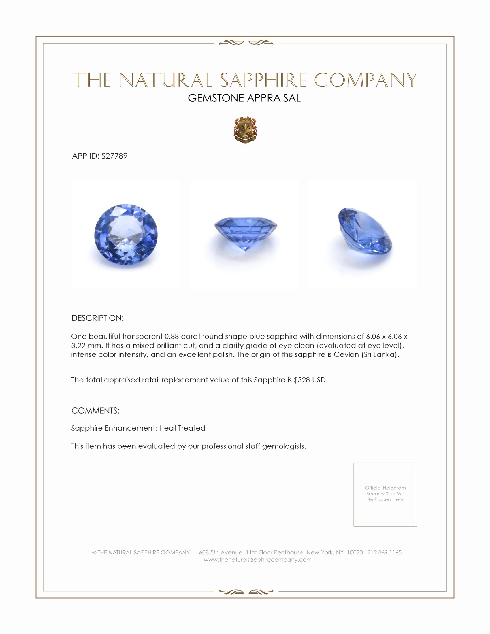 0.88 Ct. Blue Sapphire from Ceylon (Sri Lanka)