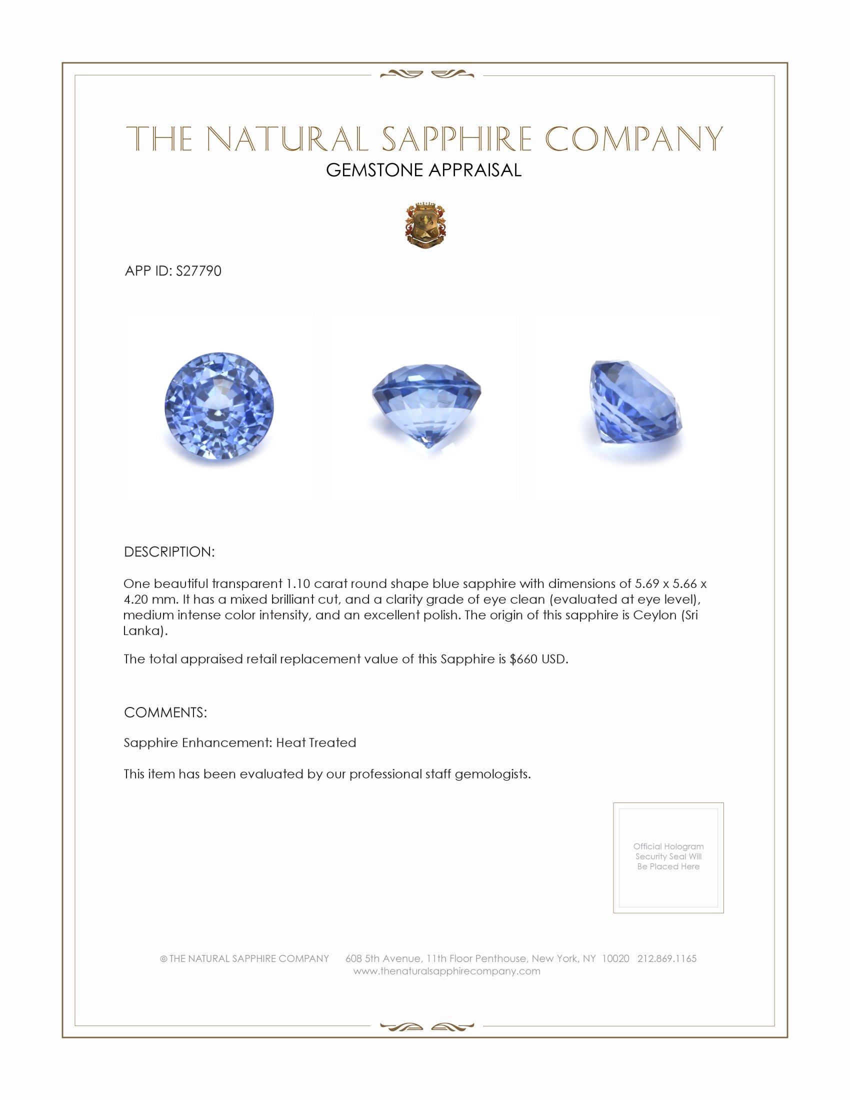 1.10 Ct. Blue Sapphire from Ceylon (Sri Lanka)