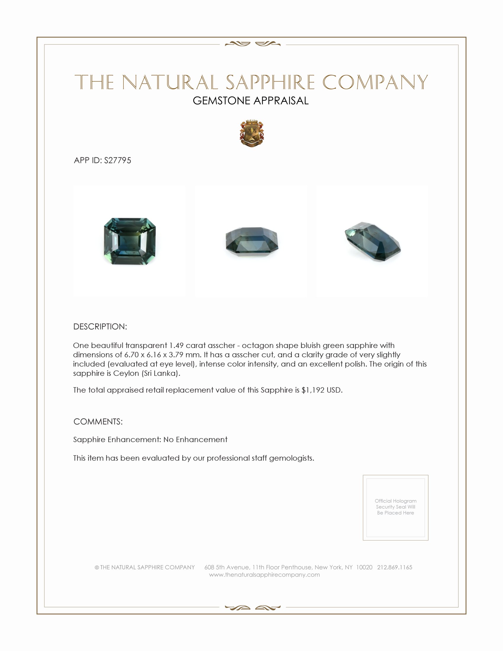 1.49 Ct. Bluish Green Sapphire from Ceylon (Sri Lanka)