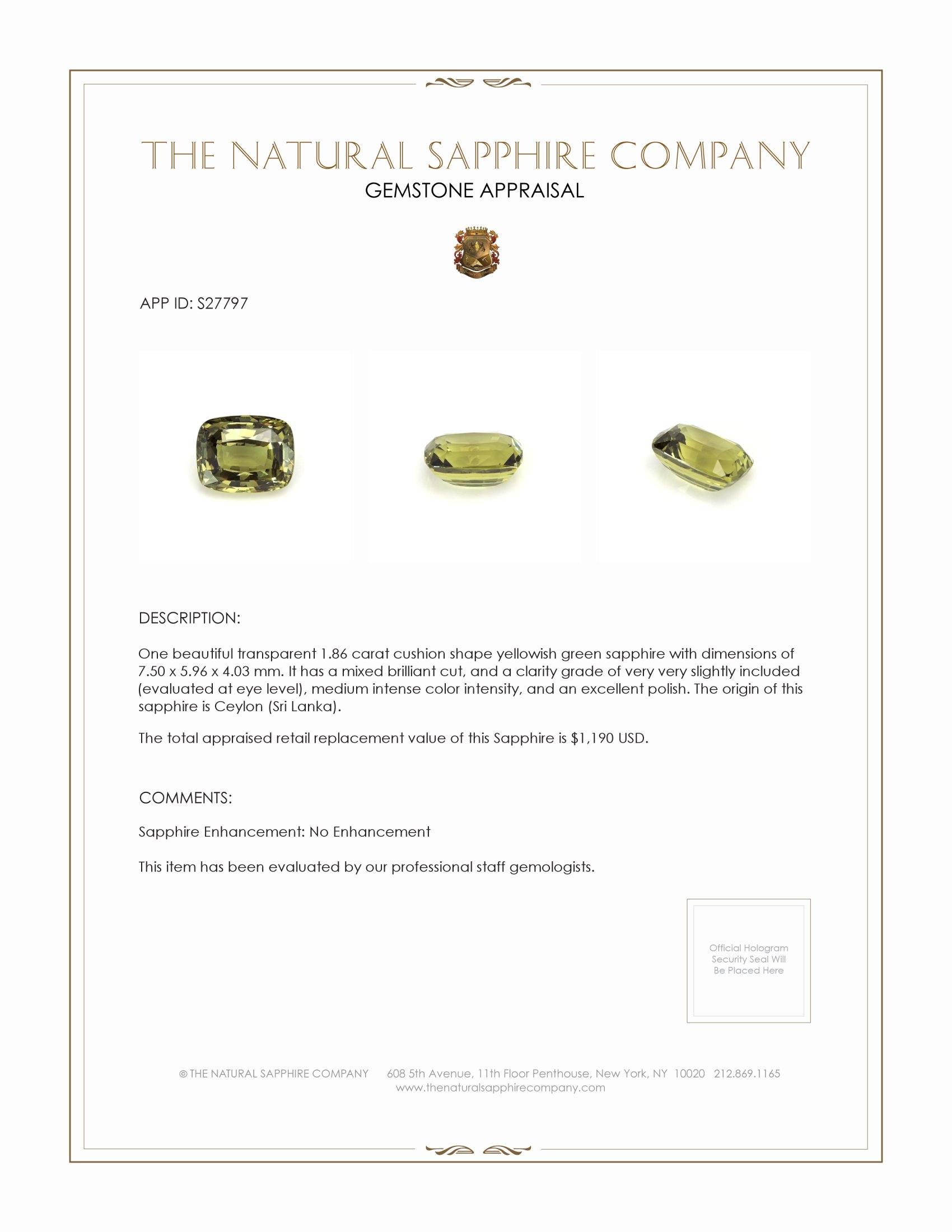 1.86 Ct. Yellowish Green Sapphire from Ceylon (Sri Lanka)