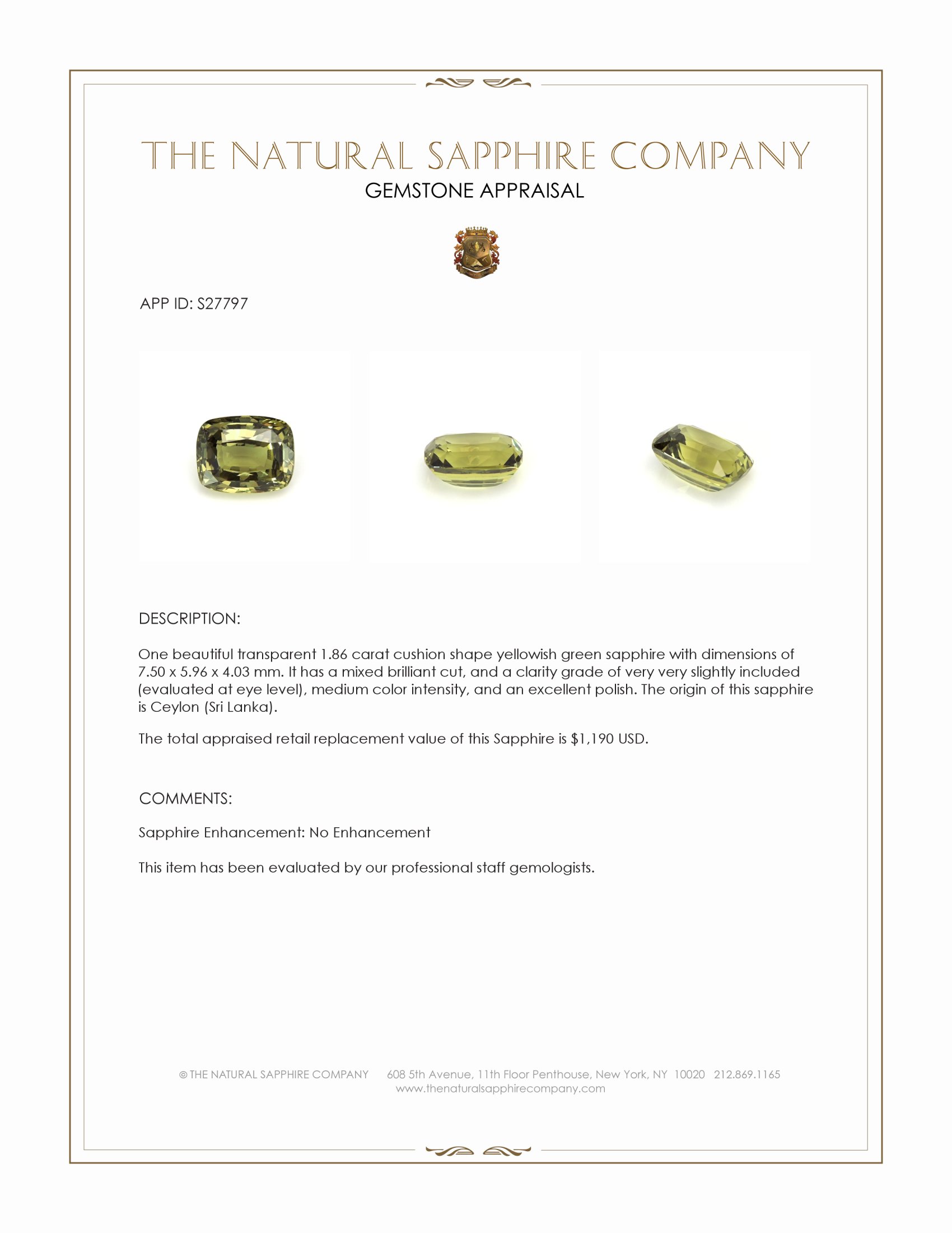 1.86 Ct. Yellowish Green Sapphire from Ceylon (Sri Lanka)