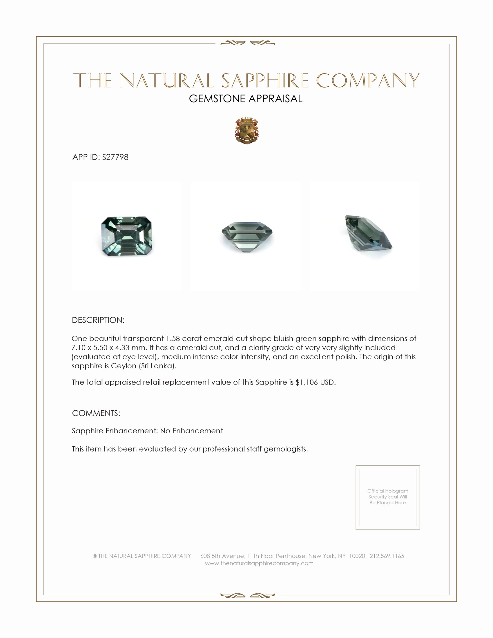 1.58 Ct. Bluish Green Sapphire from Ceylon (Sri Lanka)