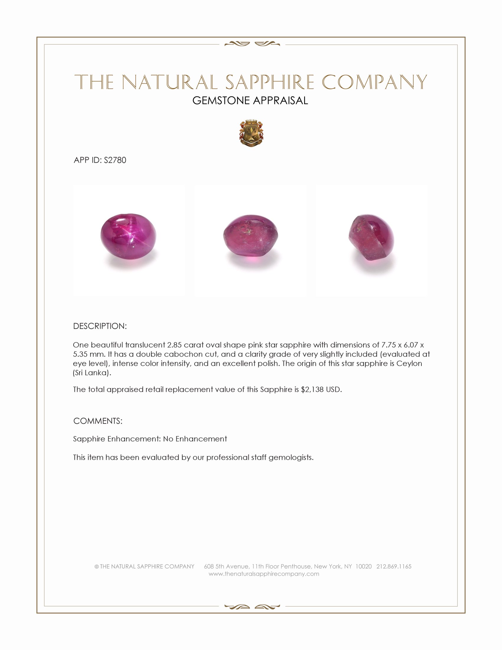 2.85 Ct. Pink Star Sapphire from Ceylon (Sri Lanka)