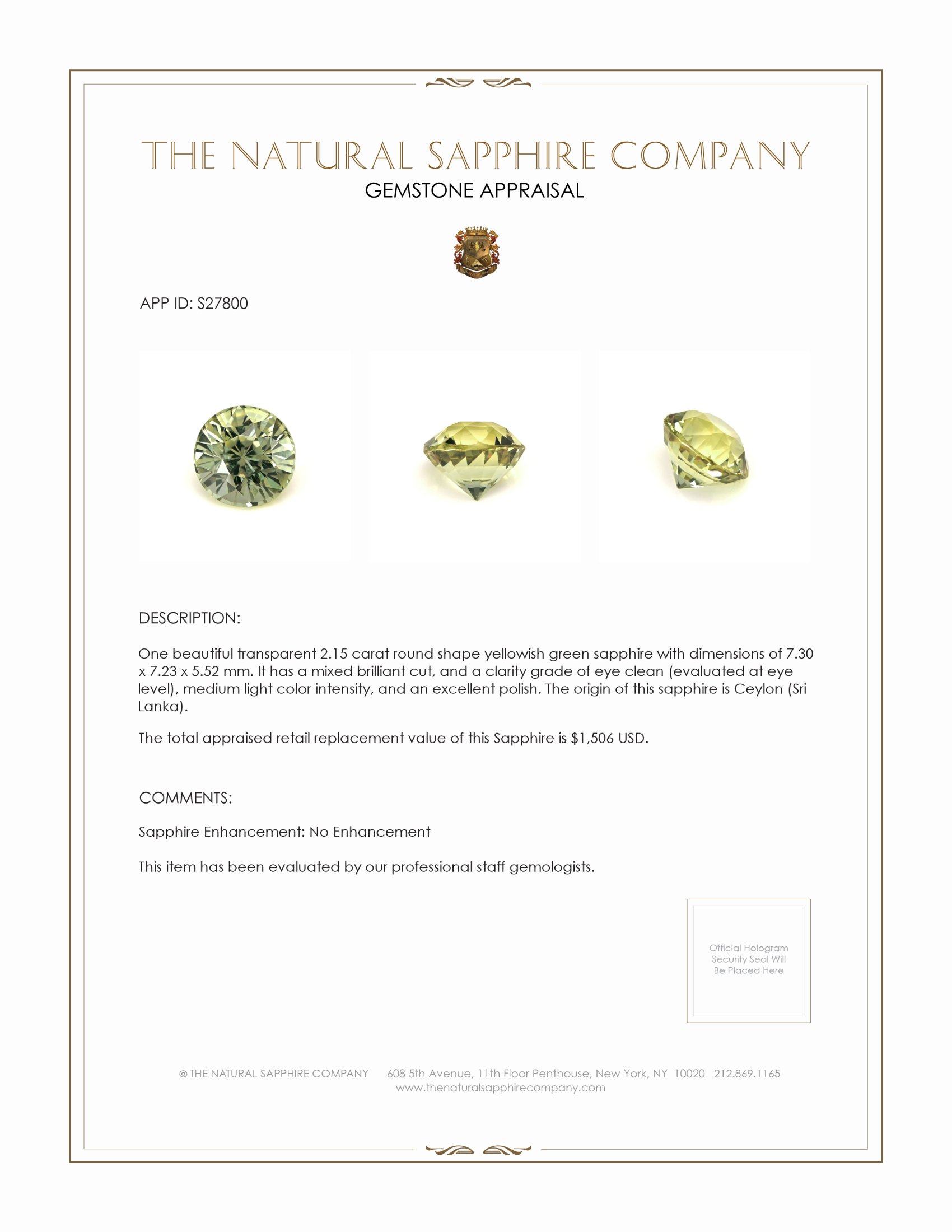 2.15 Ct. Yellowish Green Sapphire from Ceylon (Sri Lanka)