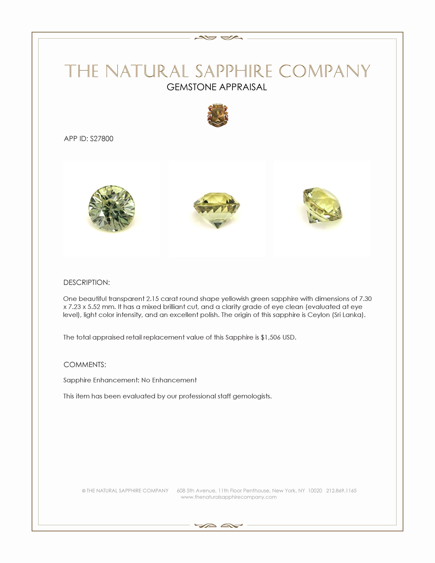 2.15 Ct. Yellowish Green Sapphire from Ceylon (Sri Lanka)