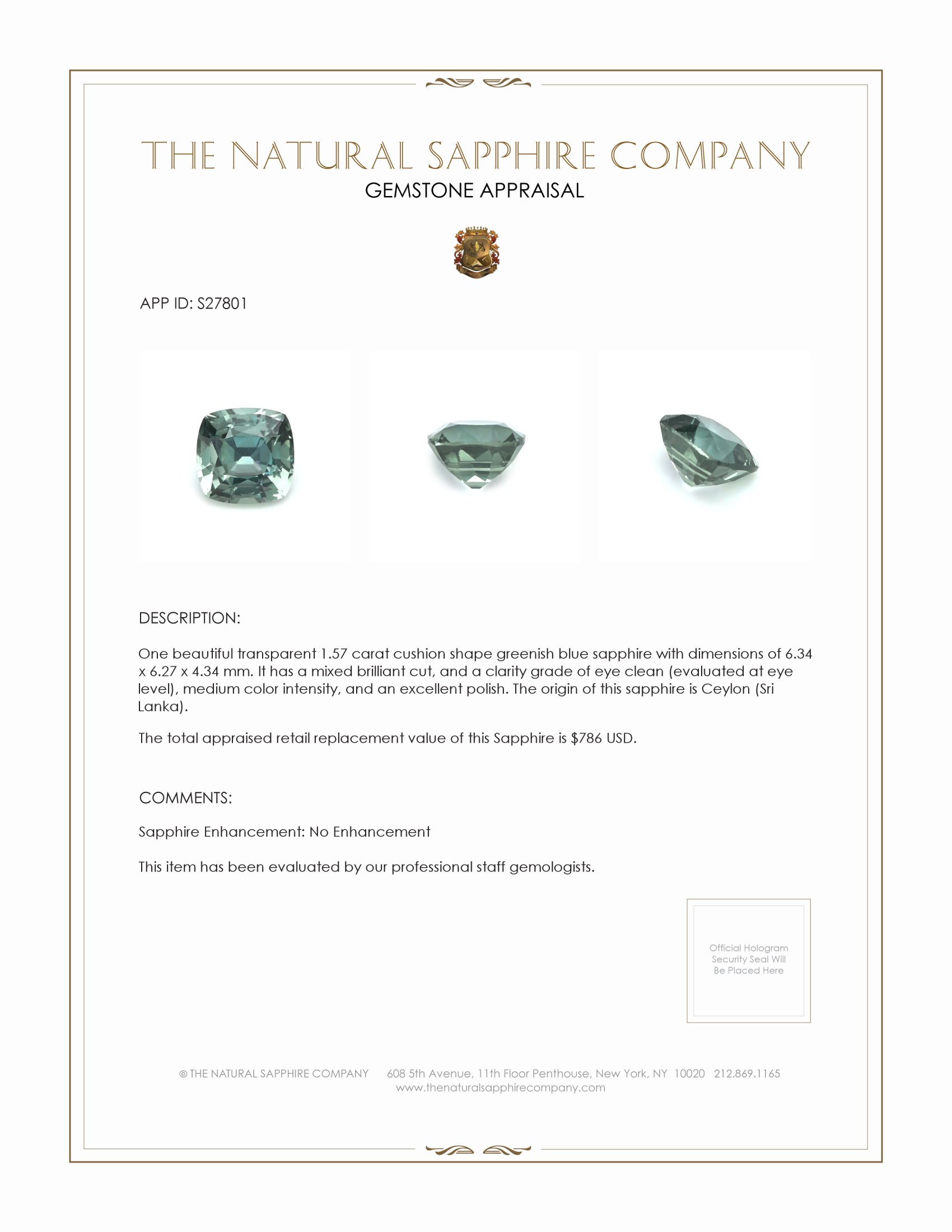 1.57 Ct. Greenish Blue Sapphire from Ceylon (Sri Lanka)