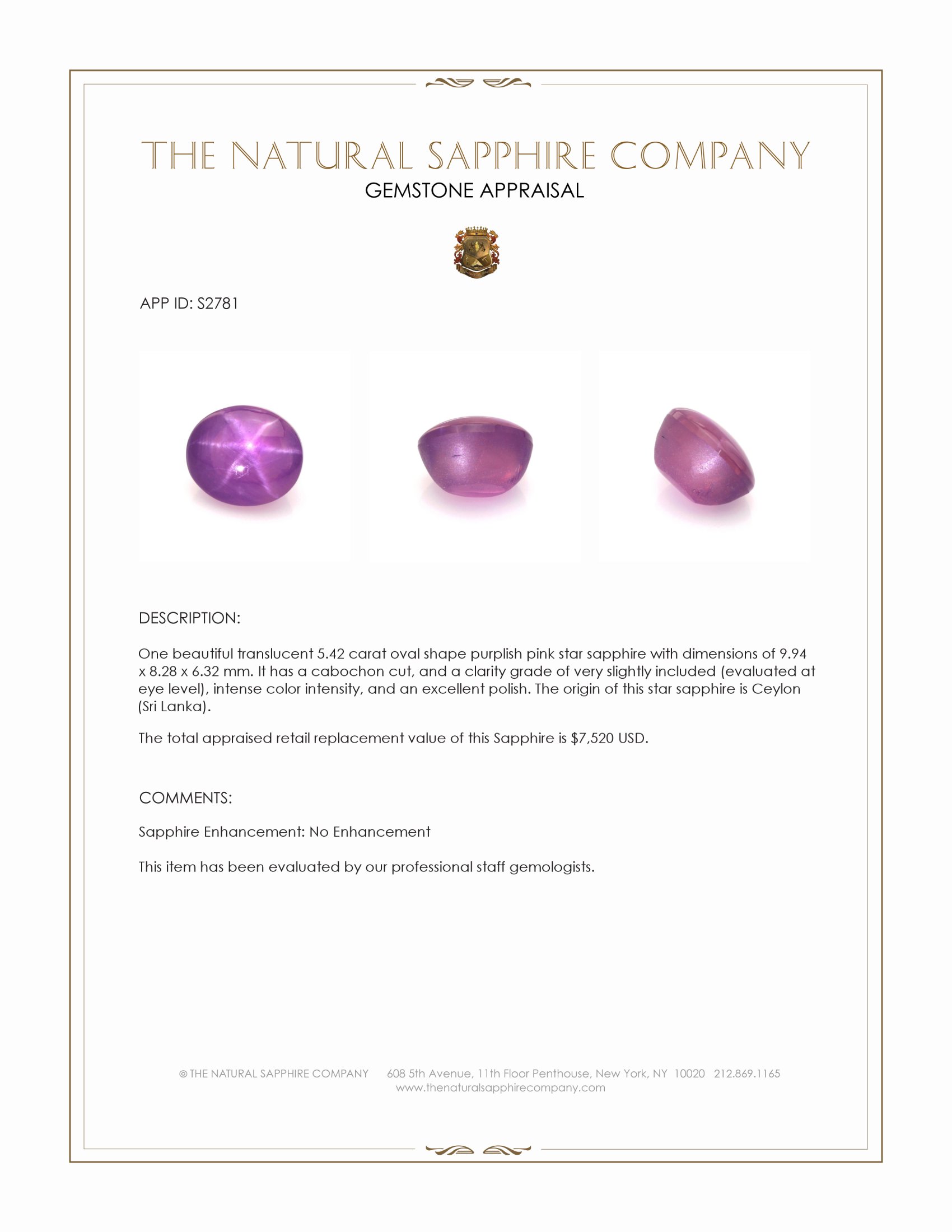5.42 Ct. Purplish Pink Star Sapphire from Ceylon (Sri Lanka)