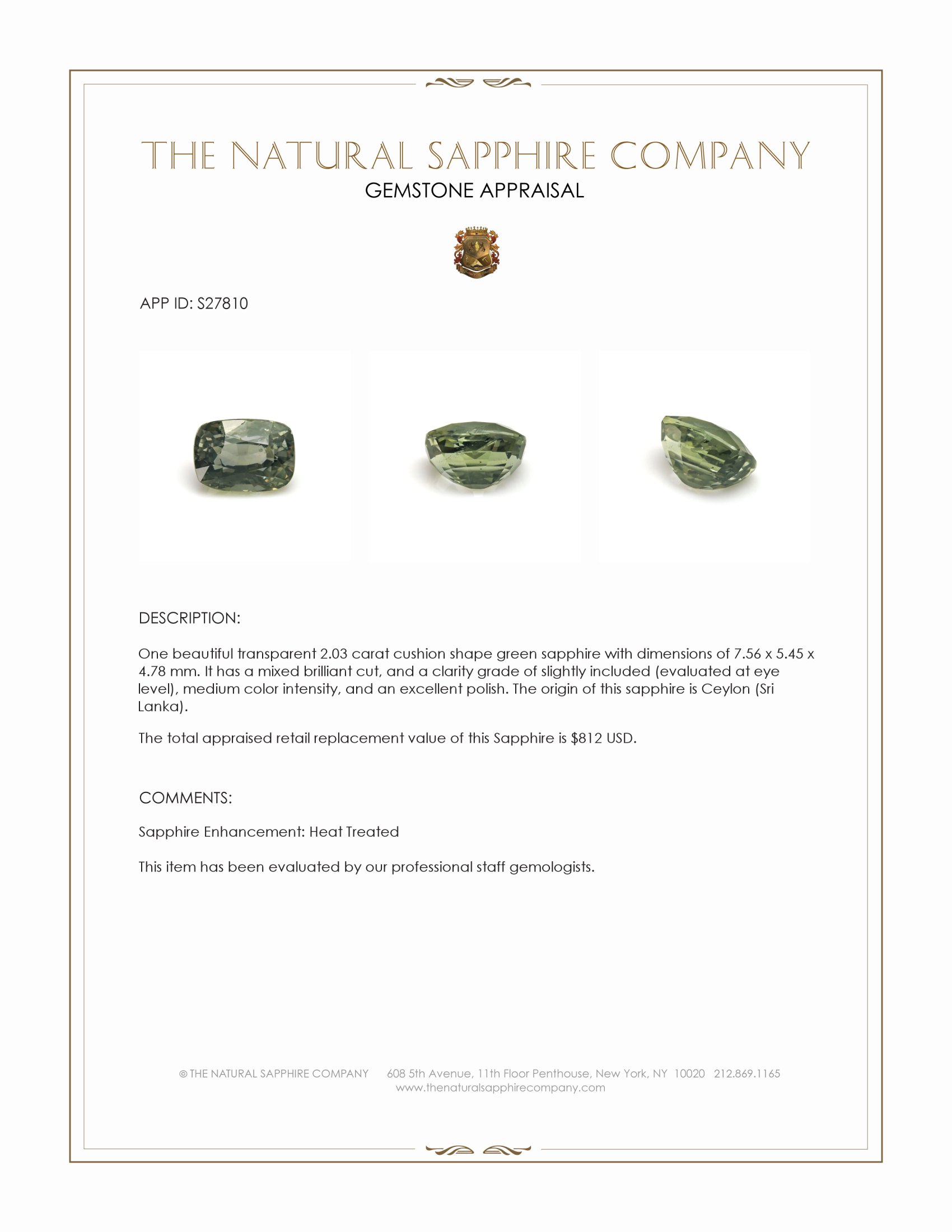 2.03 Ct. Green Sapphire from Ceylon (Sri Lanka)