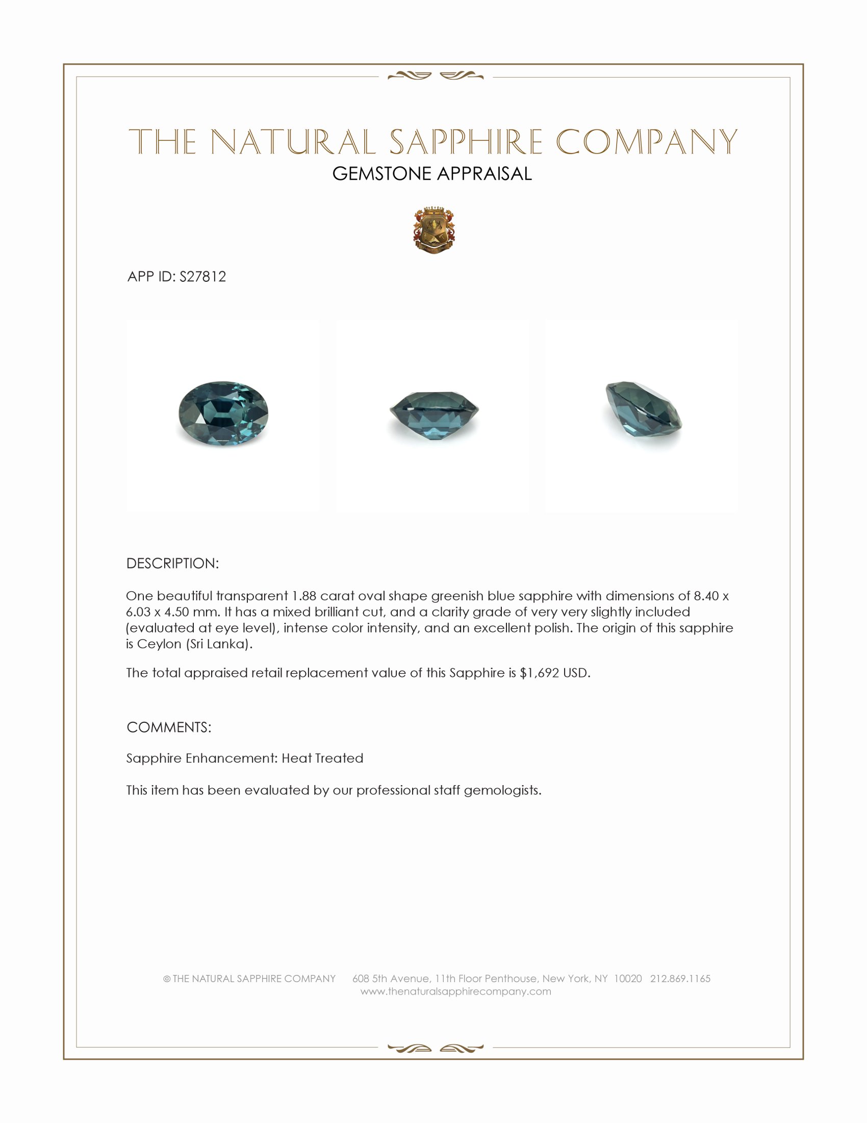 1.88 Ct. Greenish Blue Sapphire from Ceylon (Sri Lanka)