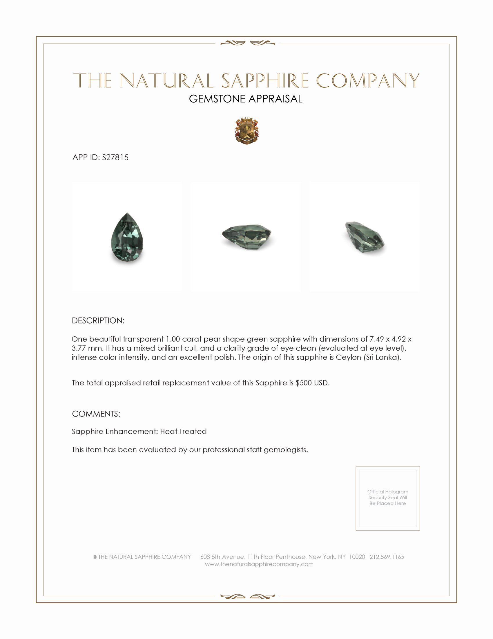 1.00 Ct. Green Sapphire from Ceylon (Sri Lanka)