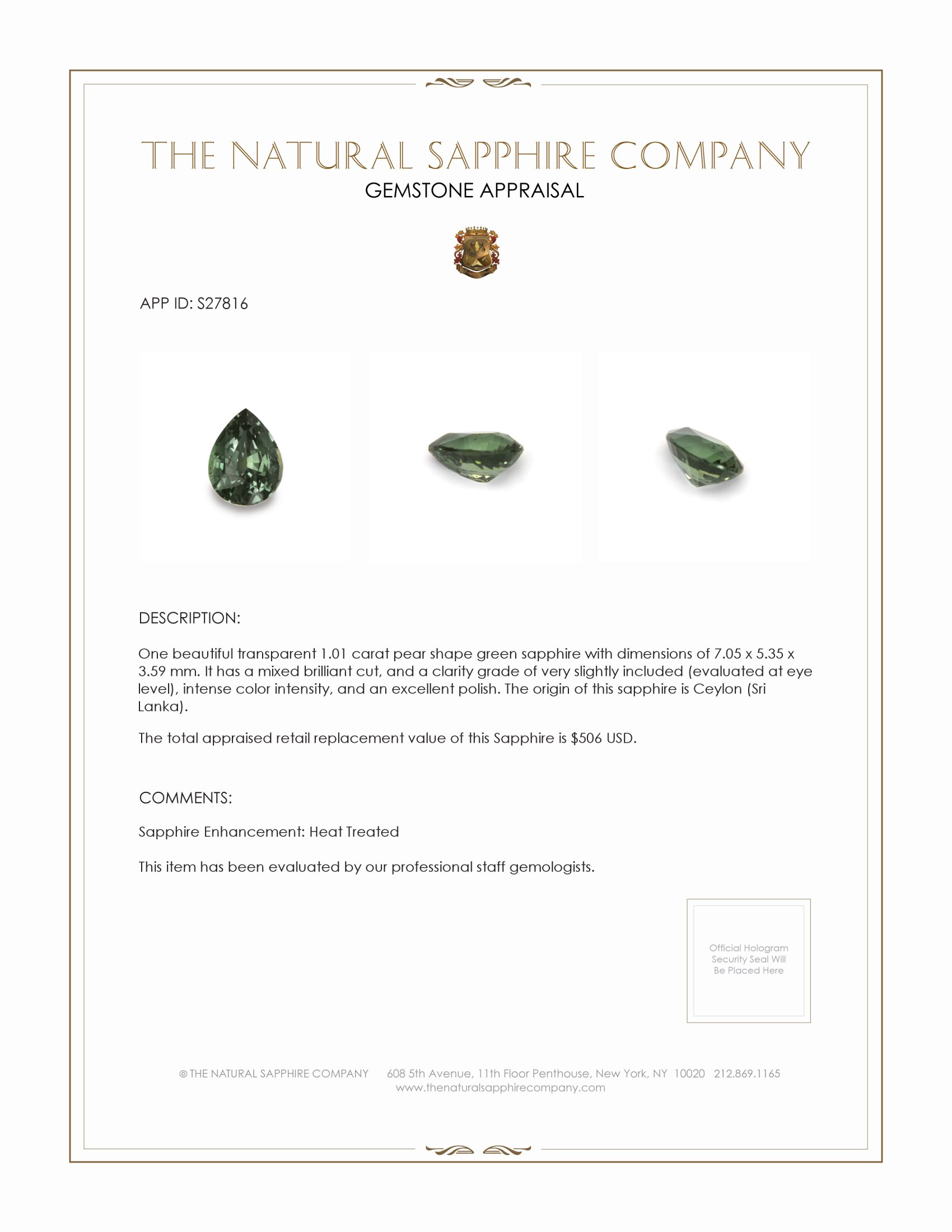 1.01 Ct. Green Sapphire from Ceylon (Sri Lanka)