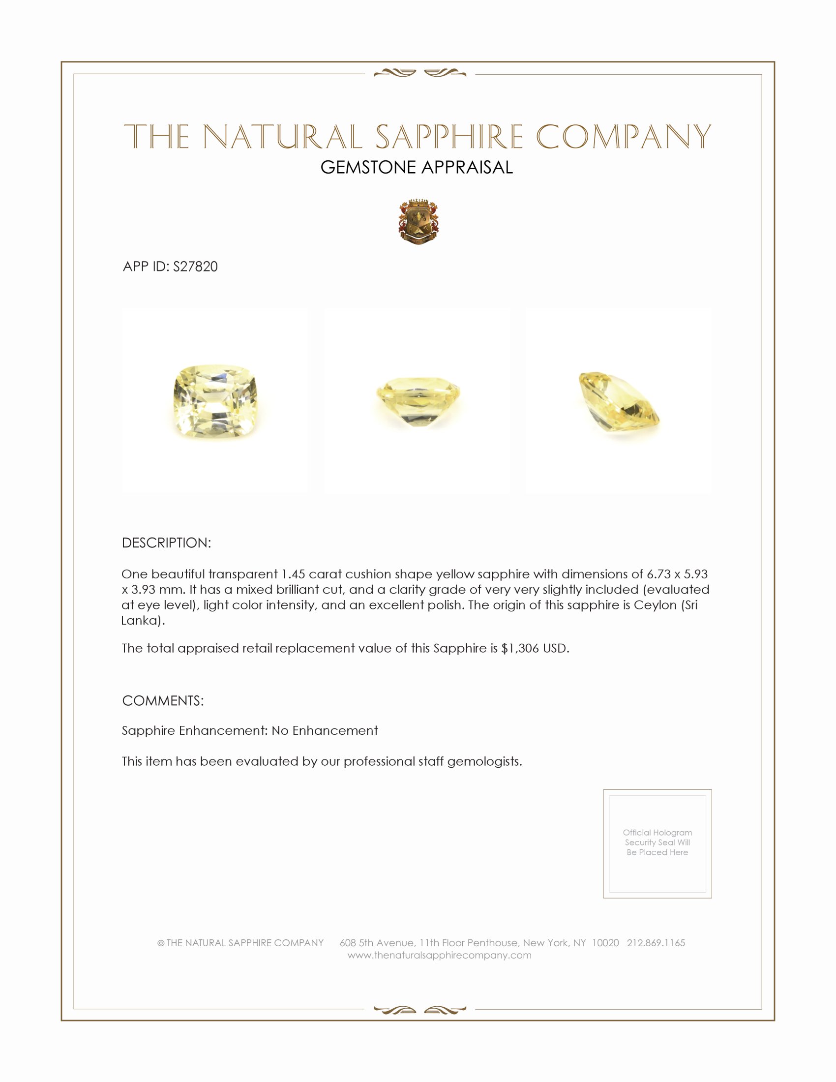 1.45 Ct. Yellow Sapphire from Ceylon (Sri Lanka)