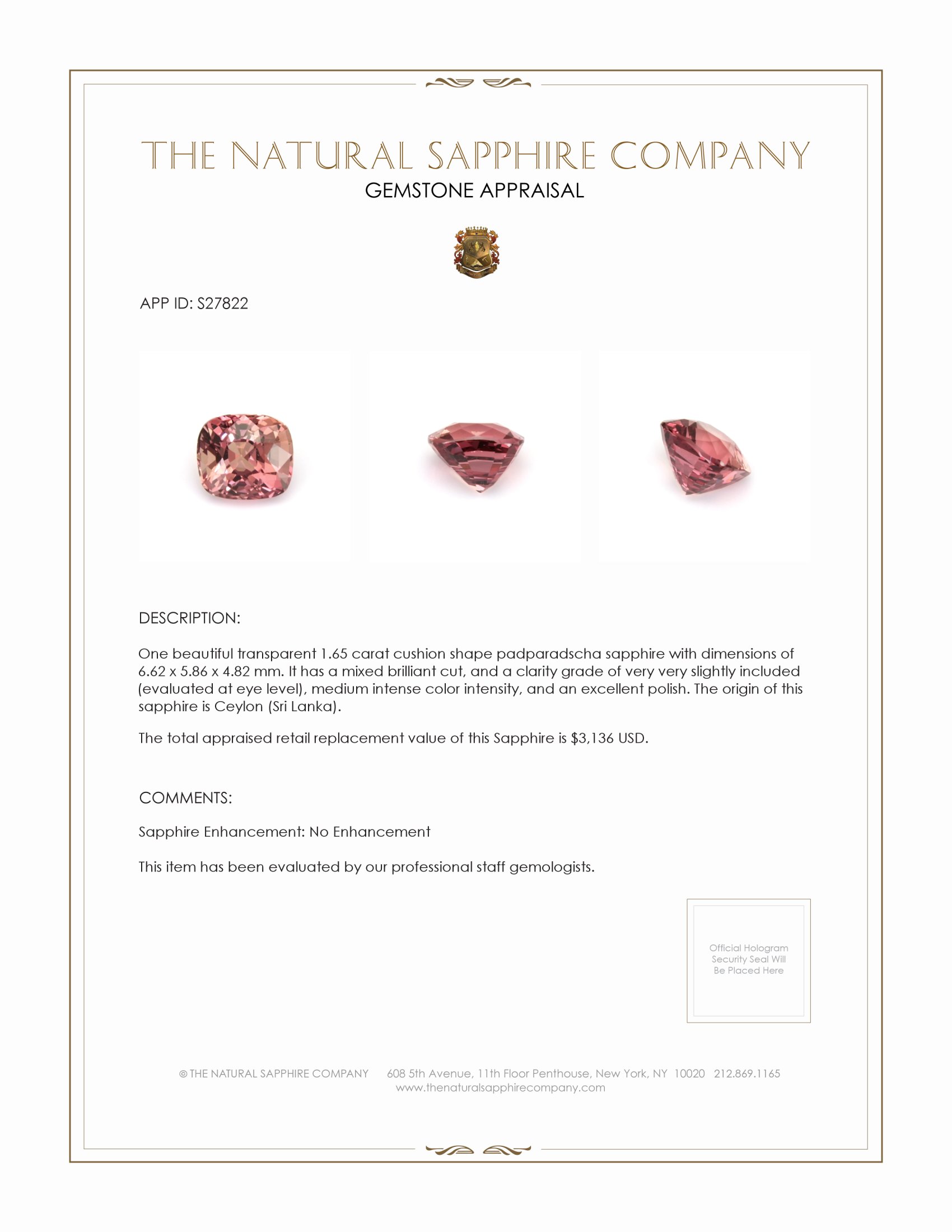 1.65 Ct. Padparadscha Sapphire from Ceylon (Sri Lanka)