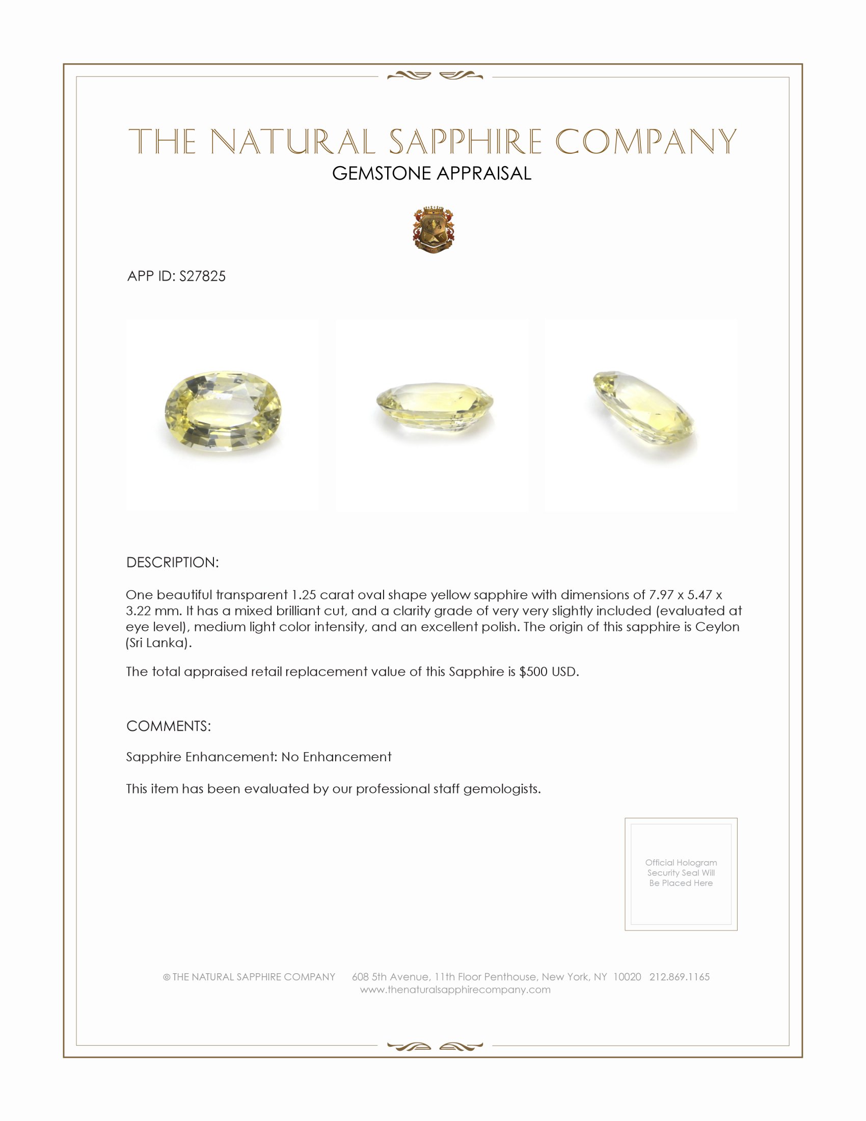 1.25 Ct. Yellow Sapphire from Ceylon (Sri Lanka)